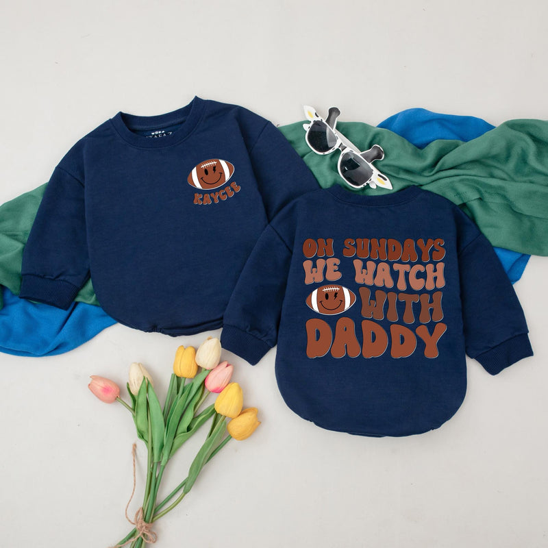 Personalized On Sundays We Watch with Daddy Baby Bodysuit Football Romper Custom Name Game Day Outfit Fall Toddler Boy Girl Gift