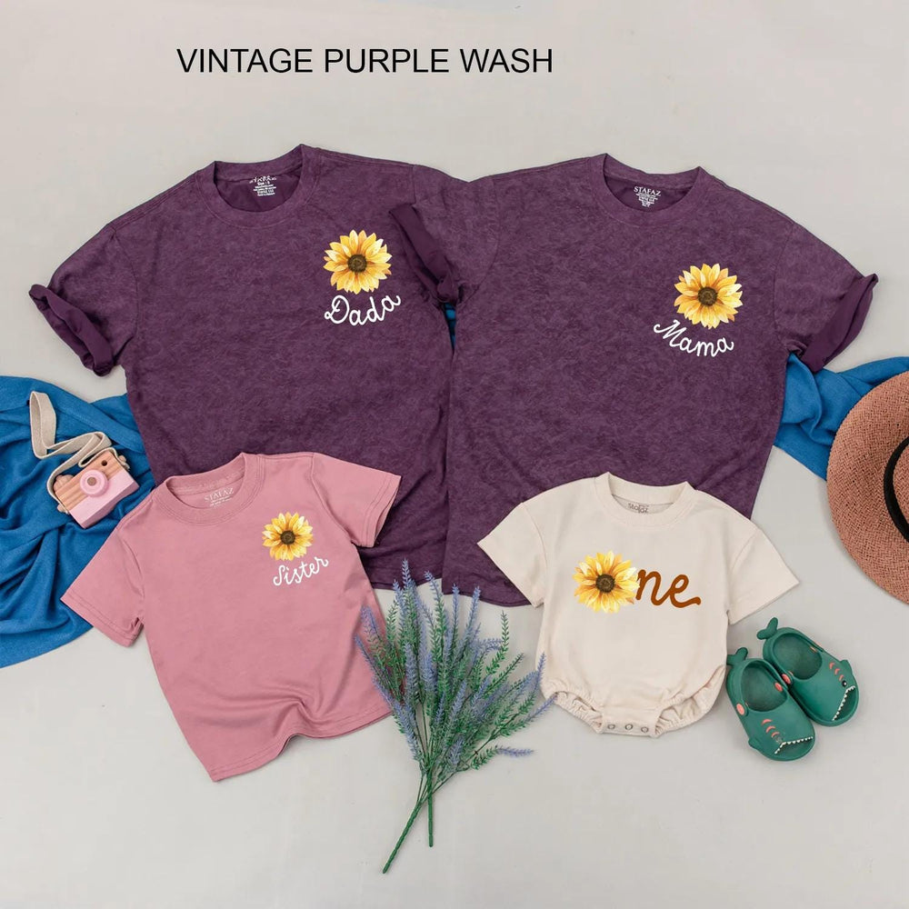 Personalized Sunflower Family Shirts with Baby Romper Cute Matching Outfits for 1st Birthday Toddler Girls Custom Flower Gift Clothes