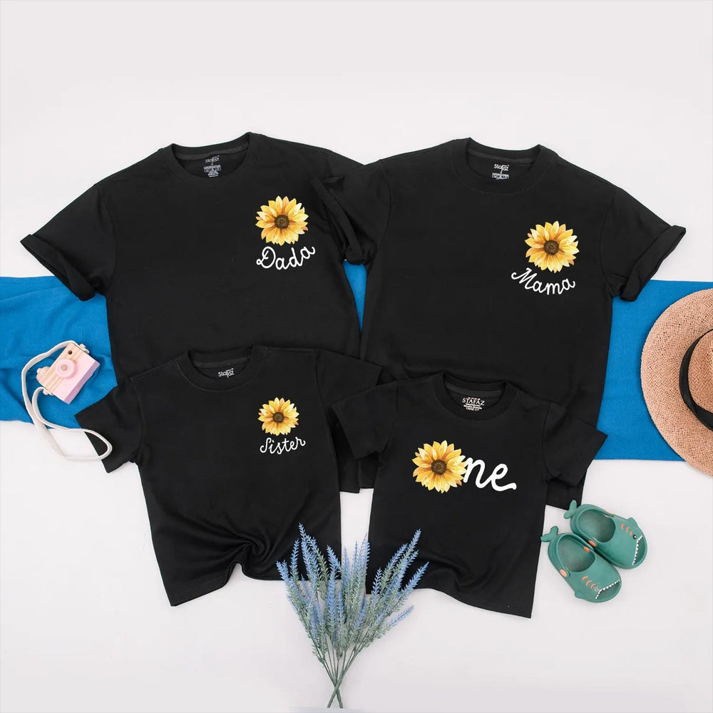 Personalized Sunflower Family Shirts with Baby Romper Cute Matching Outfits for 1st Birthday Toddler Girls Custom Flower Gift Clothes