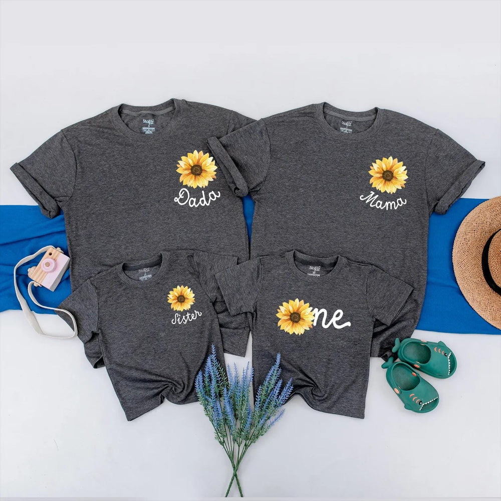 Personalized Sunflower Family Shirts with Baby Romper Cute Matching Outfits for 1st Birthday Toddler Girls Custom Flower Gift Clothes