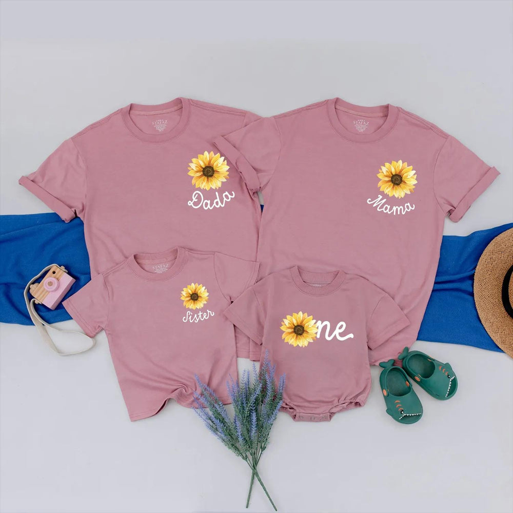 Personalized Sunflower Family Shirts with Baby Romper Cute Matching Outfits for 1st Birthday Toddler Girls Custom Flower Gift Clothes