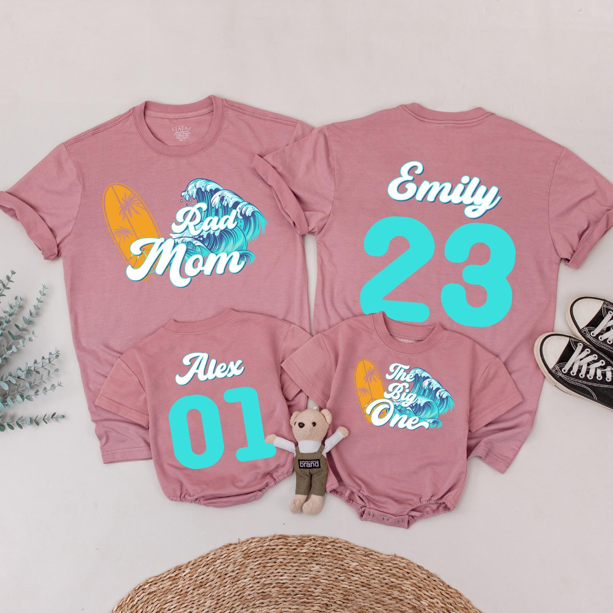 Personalized Surf Birthday Shirt for Toddler Boys Rad Mom The Big One Party Outfit Turquoise Orange Waves Custom Family Matching