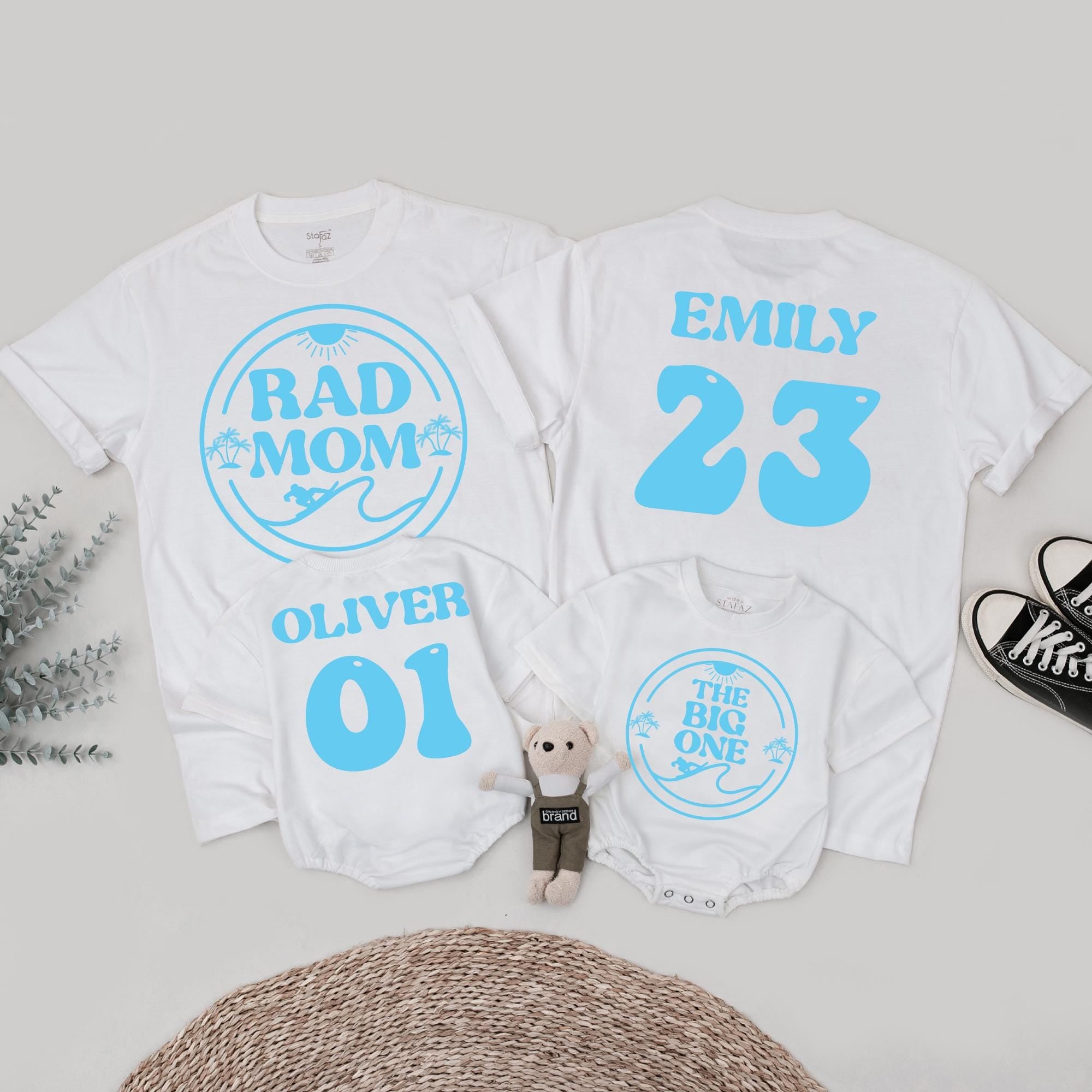 Personalized Surf Family Birthday Shirts Rad Mom The Big One Toddler Boy Casual Beach Theme Vibrant Graphics Cotton Custom Outfit