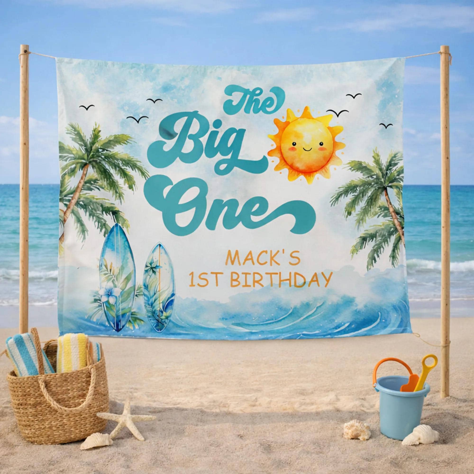 Personalized Surfboard 1st Birthday Silk Banner Tropical Beach Party Decor for Boys The Big One Backdrop Custom Name Keepsake