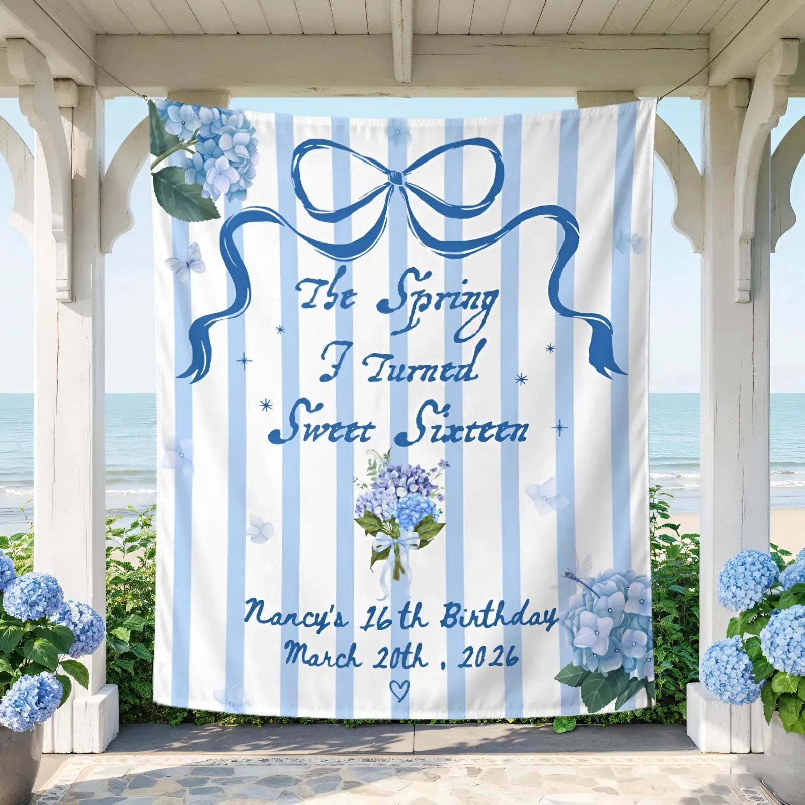 Personalized Sweet 16 Silk Banner Hydrangea Blue Backdrop Party Decor Custom Name and Date, Elegant Birthday Decoration for Girls