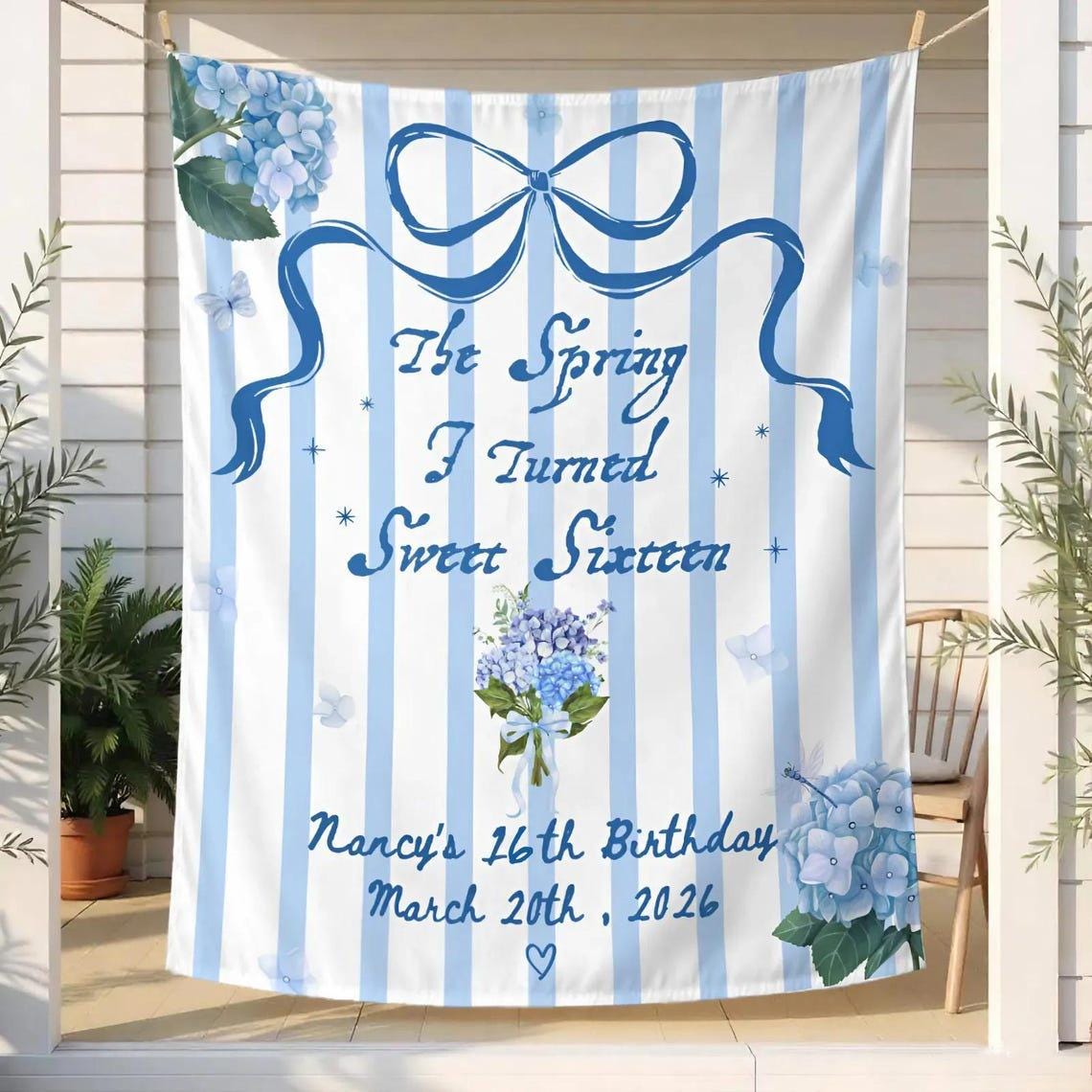 Personalized Sweet 16 Silk Banner Hydrangea Blue Backdrop Party Decor Custom Name and Date, Elegant Birthday Decoration for Girls