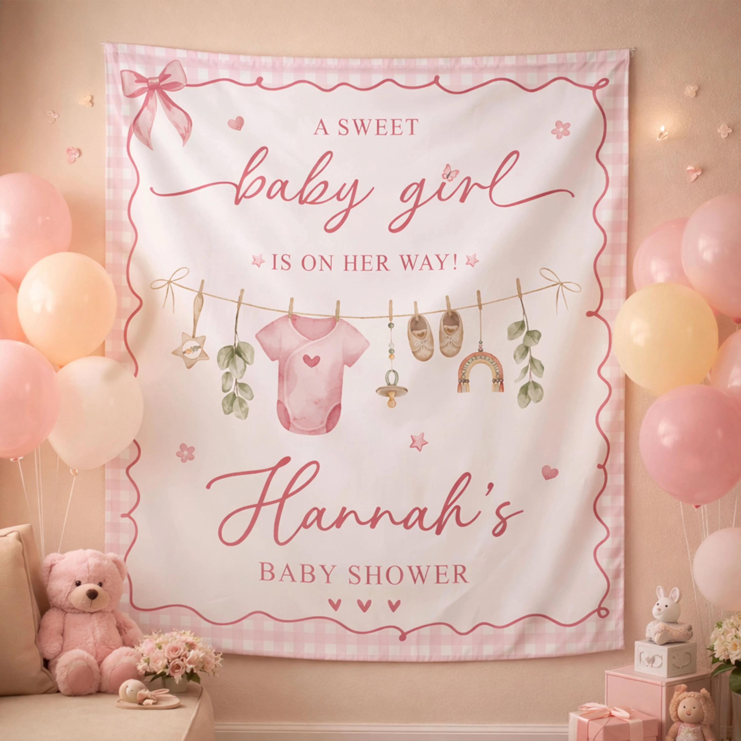 Personalized Sweet Baby Girl Pink Silk Banner Custom Name Baby Shower Backdrop Welcome Baby Party Decoration with Soft White Design