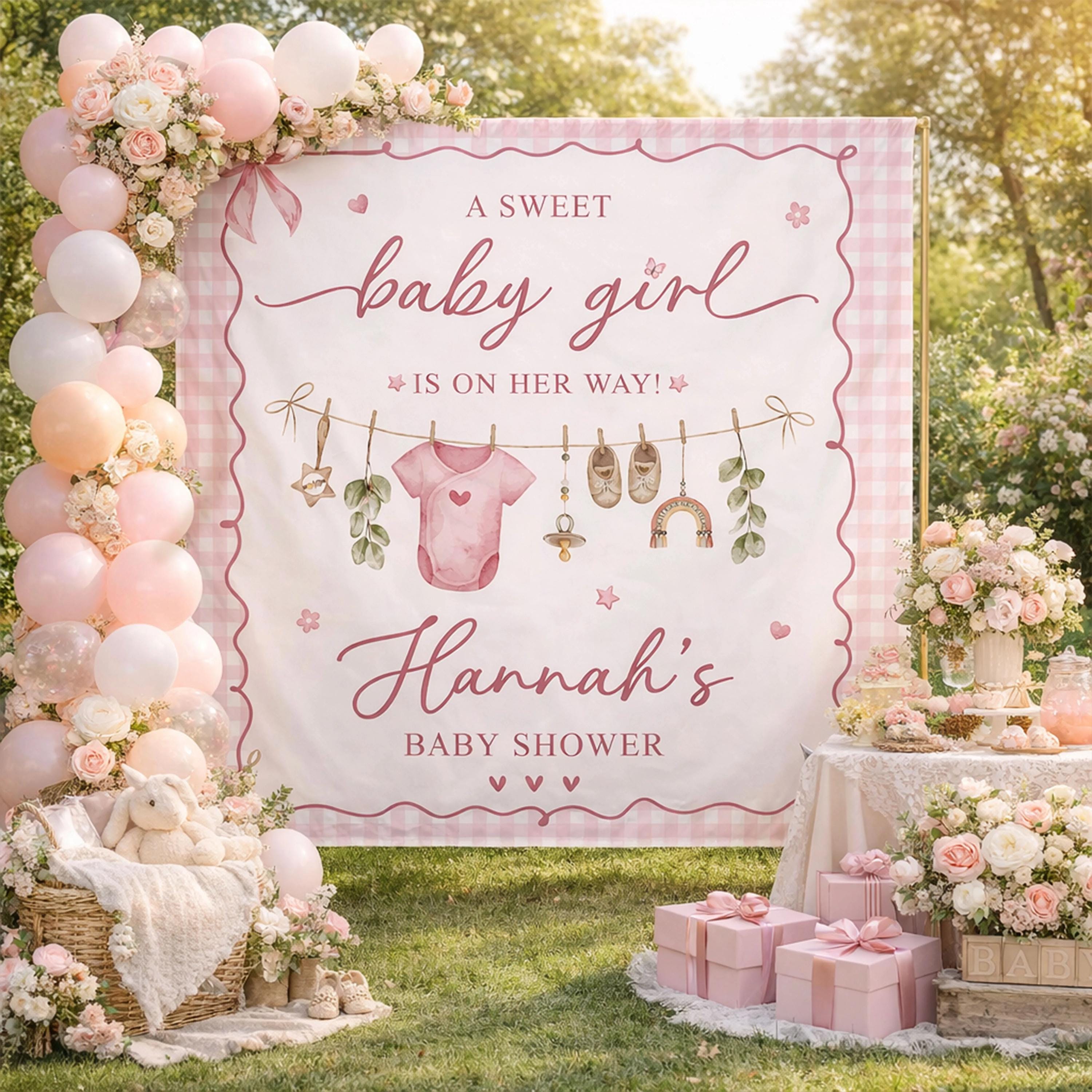 Personalized Sweet Baby Girl Pink Silk Banner Custom Name Baby Shower Backdrop Welcome Baby Party Decoration with Soft White Design