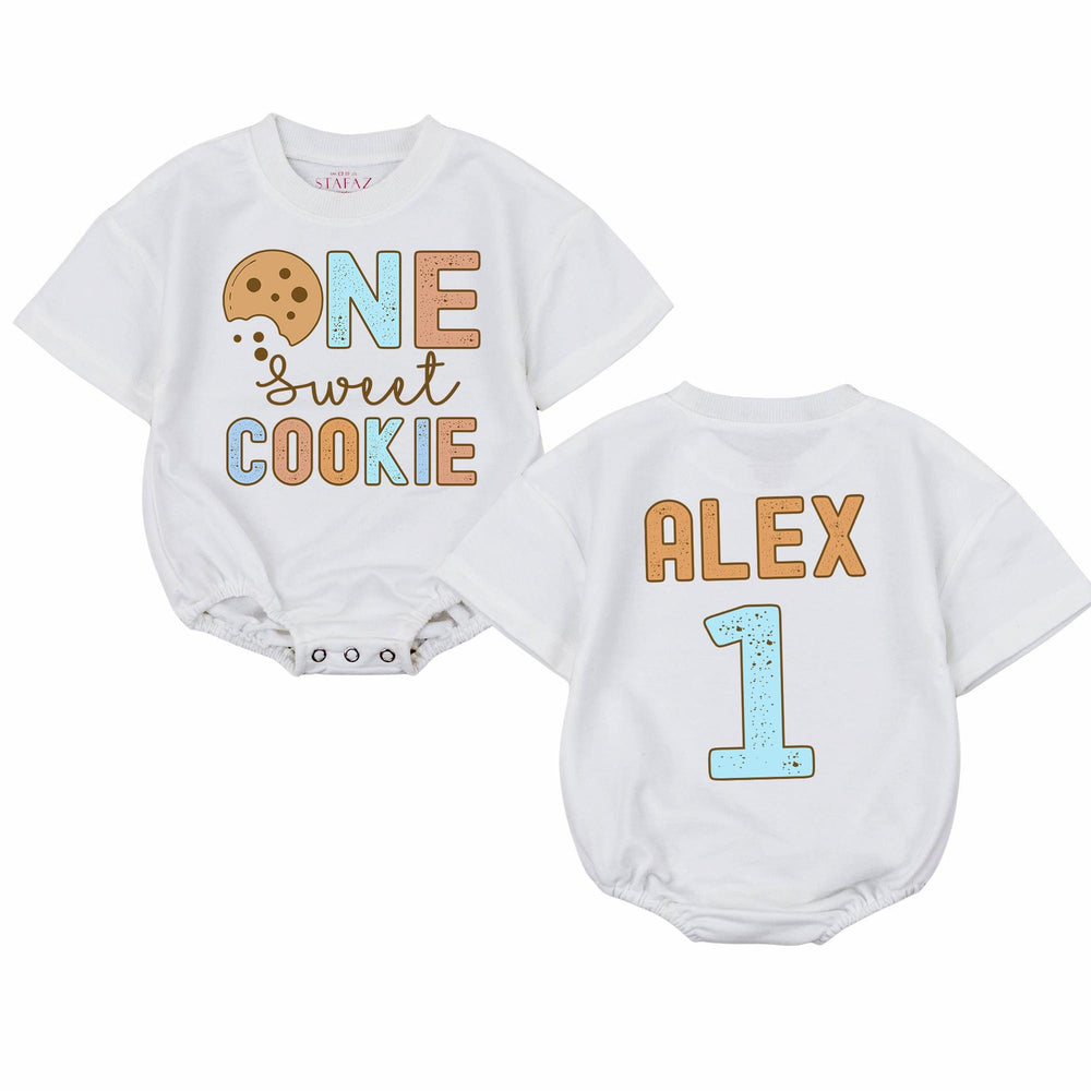Personalized Sweet One Cookie 1st Birthday Romper for Baby, Custom Name Outfit with Blue Tan Graphic, Cute First Birthday Party Clothes