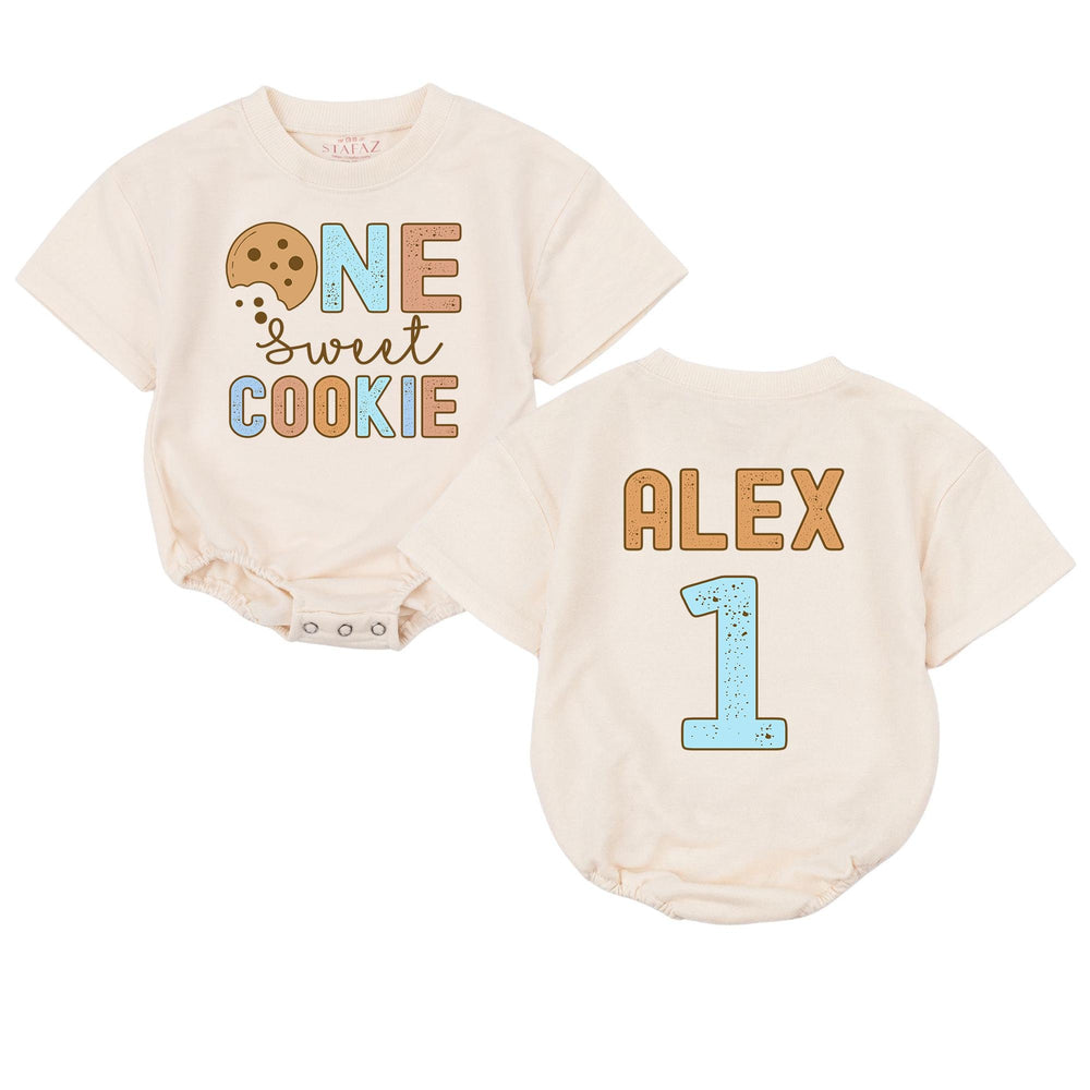 Personalized Sweet One Cookie 1st Birthday Romper for Baby, Custom Name Outfit with Blue Tan Graphic, Cute First Birthday Party Clothes