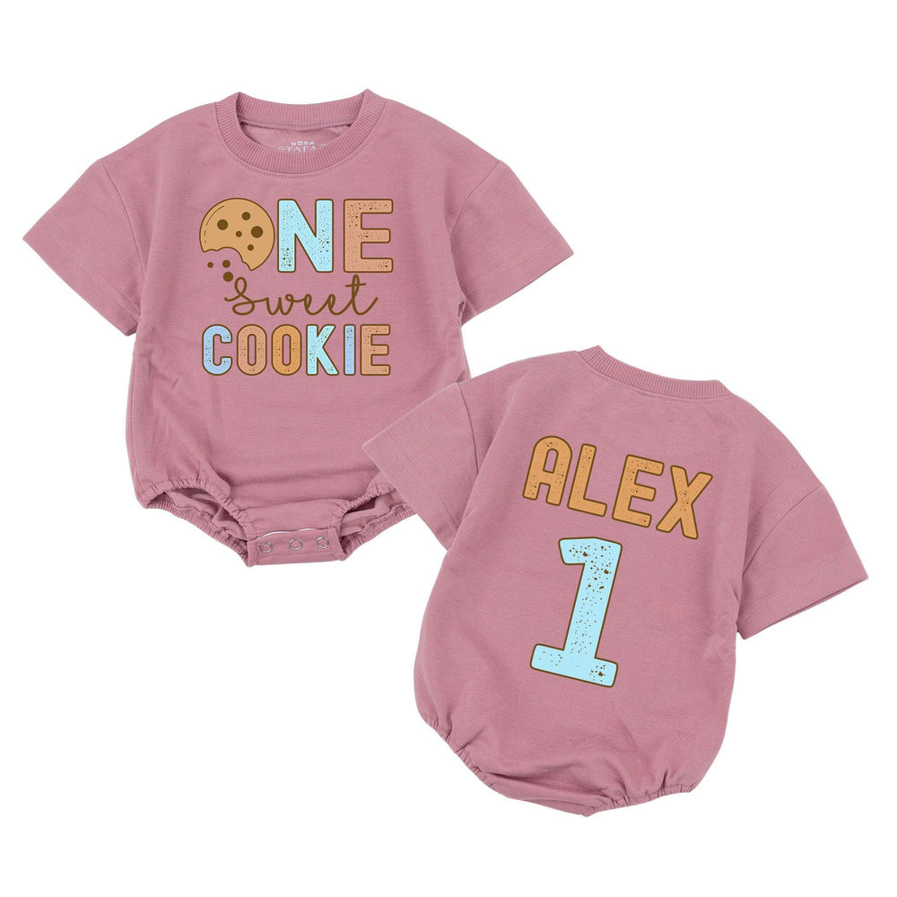 Personalized Sweet One Cookie 1st Birthday Romper for Baby, Custom Name Outfit with Blue Tan Graphic, Cute First Birthday Party Clothes