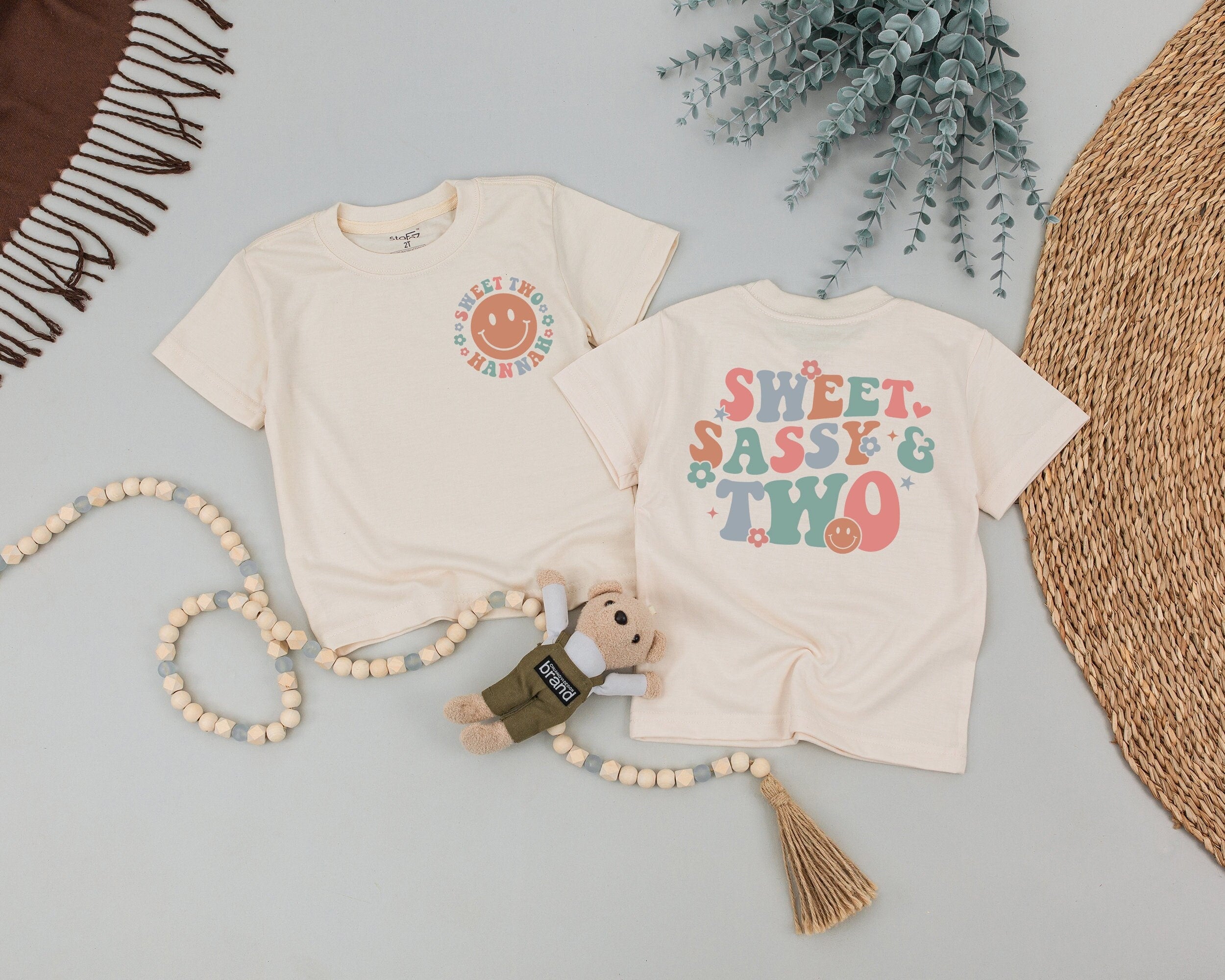 Personalized Sweet Sassy and Two Toddler Birthday Shirt with Retro Smiley Face Graphic Custom Name Design for 2nd Birthday Party Outfit
