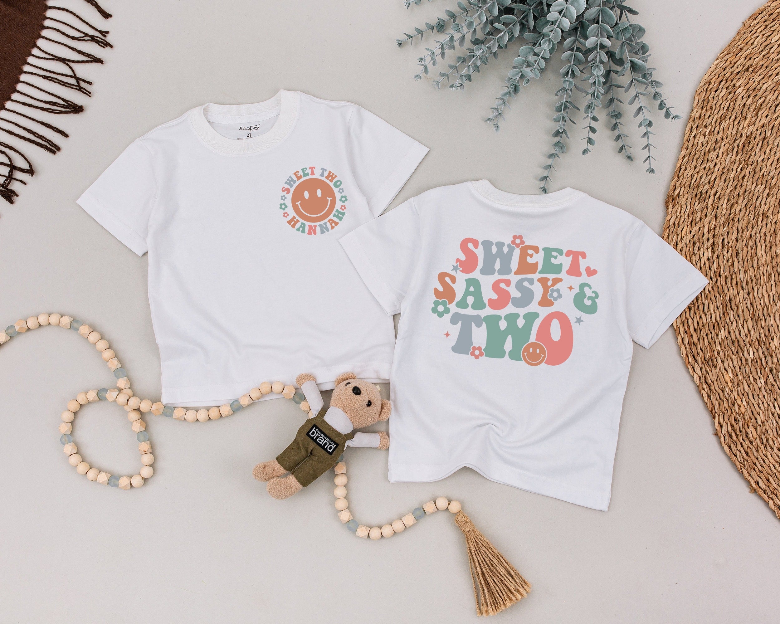 Personalized Sweet Sassy and Two Toddler Birthday Shirt with Retro Smiley Face Graphic Custom Name Design for 2nd Birthday Party Outfit