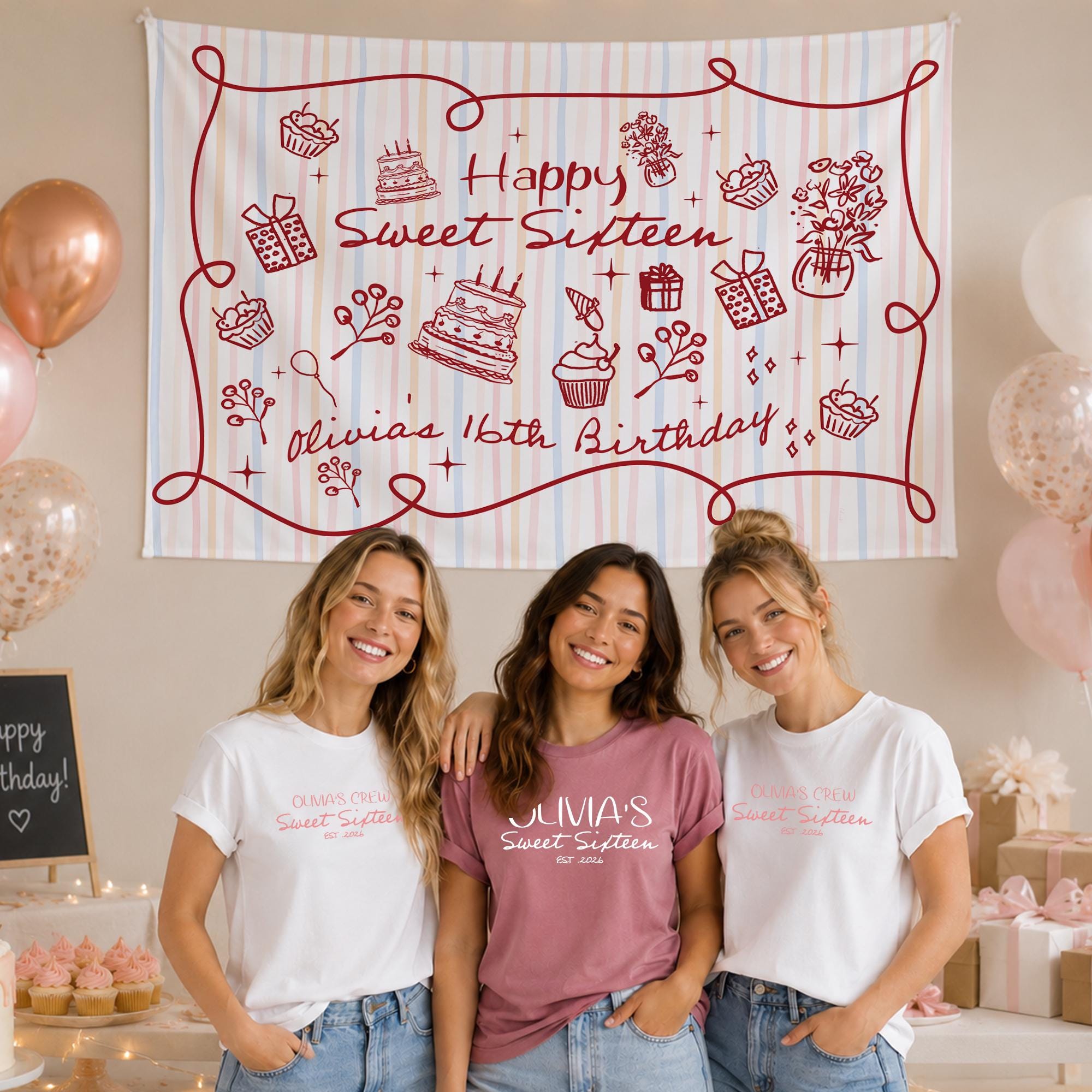 Personalized Sweet Sixteen Shirt Olivia's Crew Est. 2024 Birthday Outfit Fun Party Banner Decor Custom 16th Celebration Gift Idea