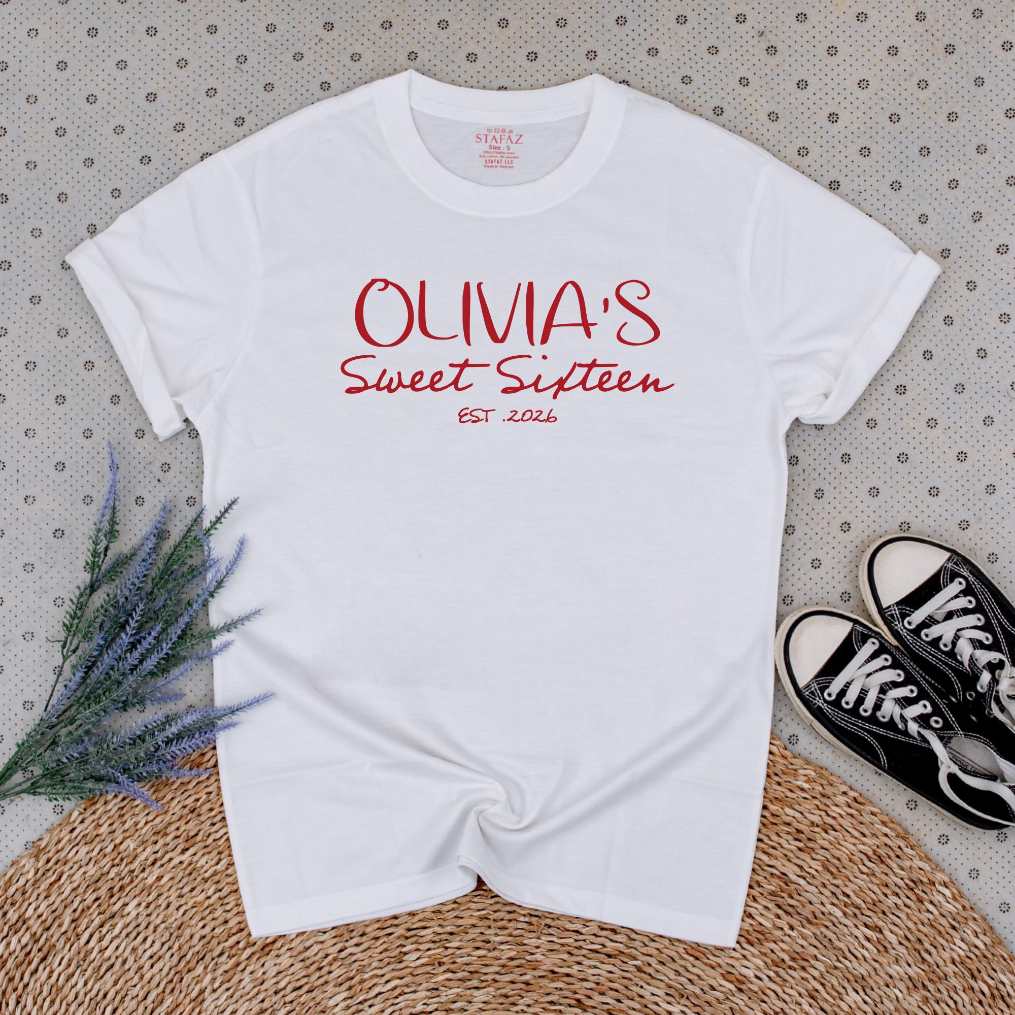 Personalized Sweet Sixteen Shirt Olivia's Crew Est. 2024 Birthday Outfit Fun Party Banner Decor Custom 16th Celebration Gift Idea