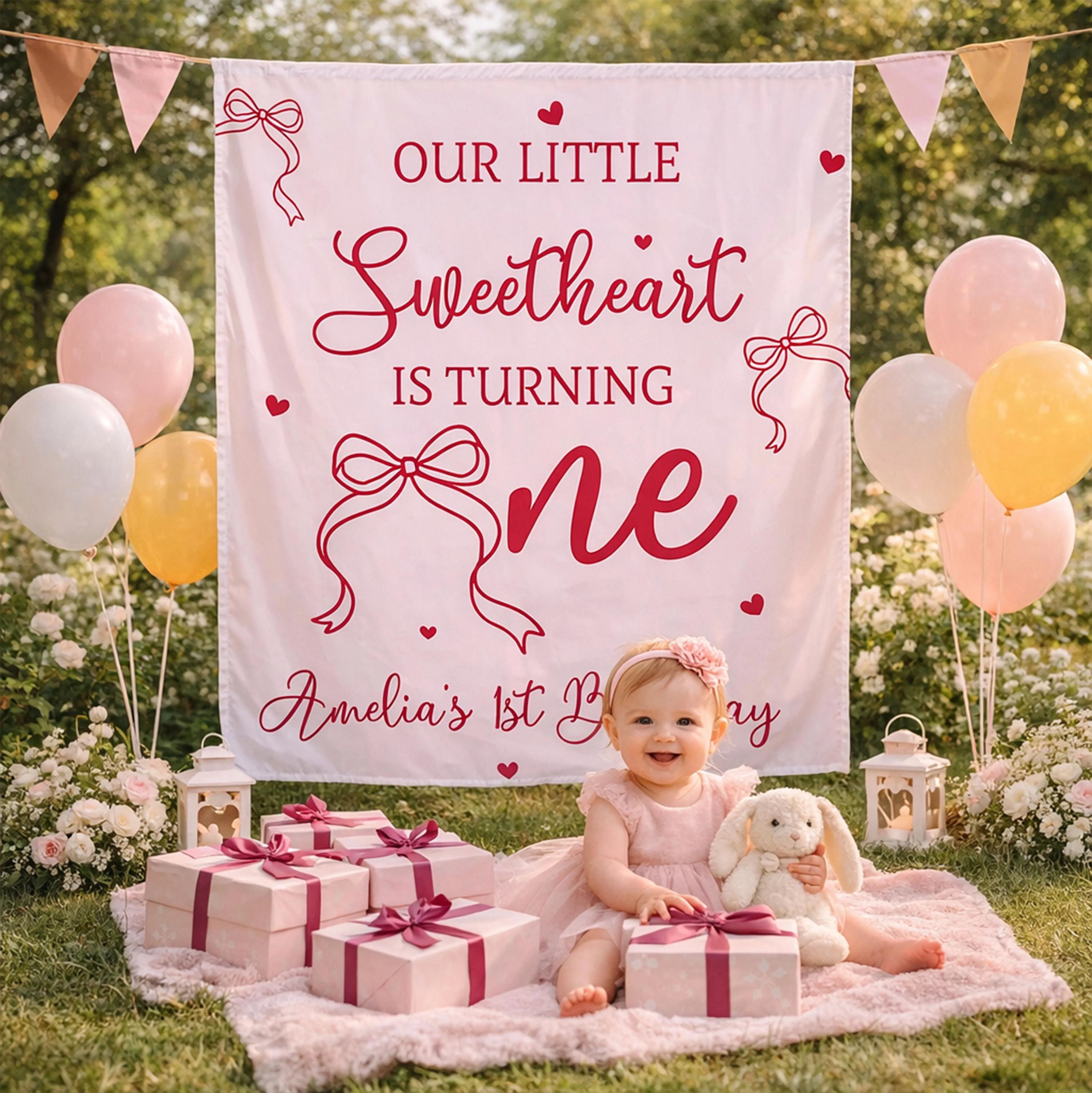 Personalized Sweetheart 1st Birthday Banner with Red Bow Design Custom Name Girl Party Backdrop Elegant Heart Theme Baby Celebration Decor