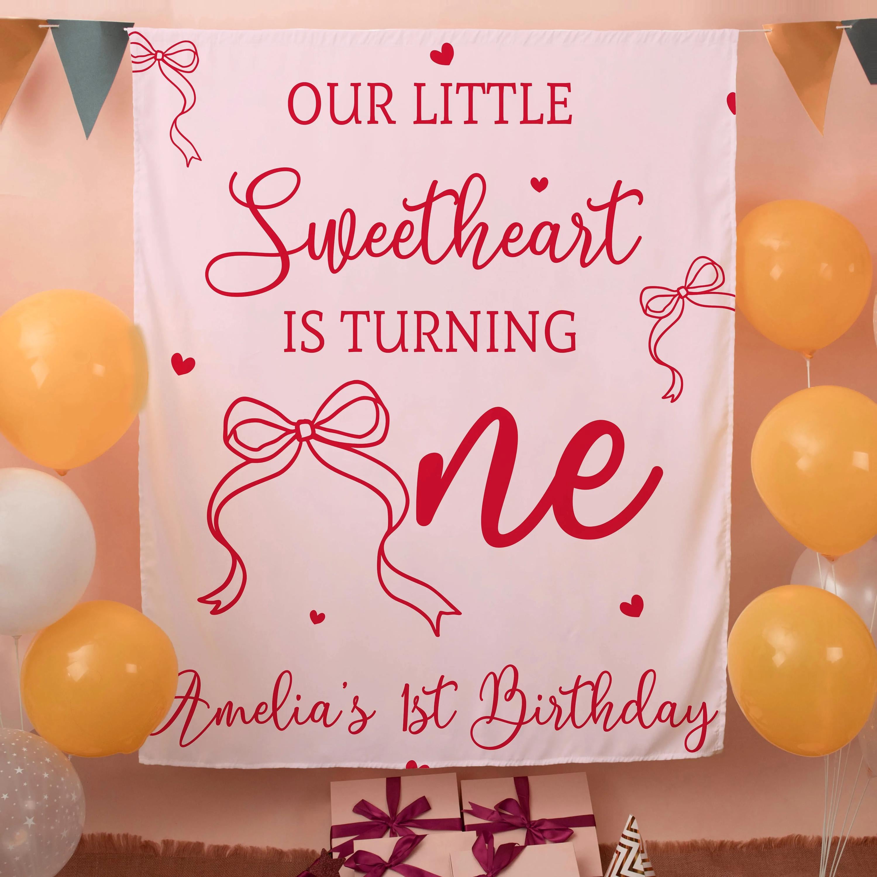 Personalized Sweetheart 1st Birthday Banner with Red Bow Design Custom Name Girl Party Backdrop Elegant Heart Theme Baby Celebration Decor