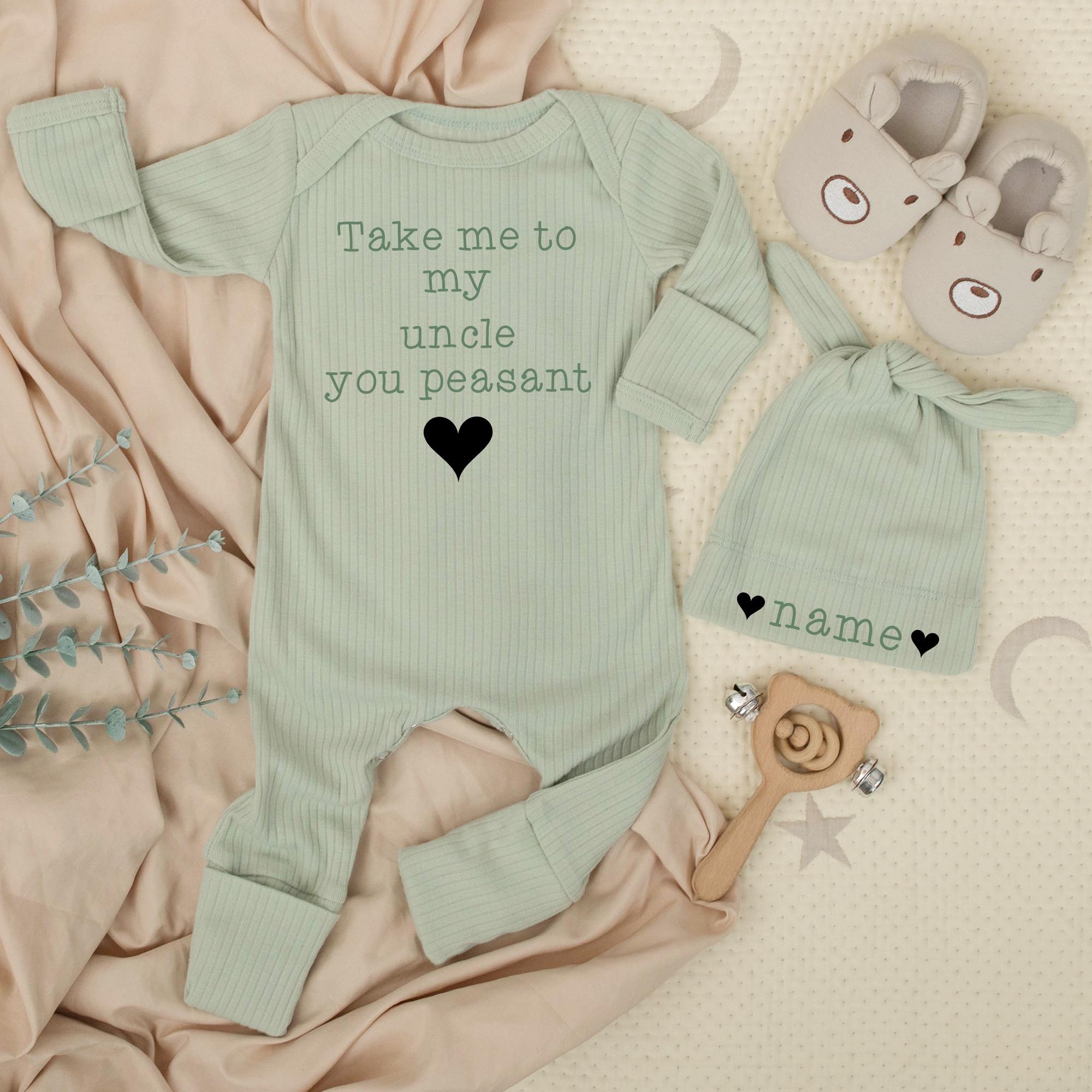 Personalized Take Me to My Uncle You Peasant Baby Romper and Hat Set, Funny Custom Name Outfit for Newborn Coming Home, Sassy Uncle Gift