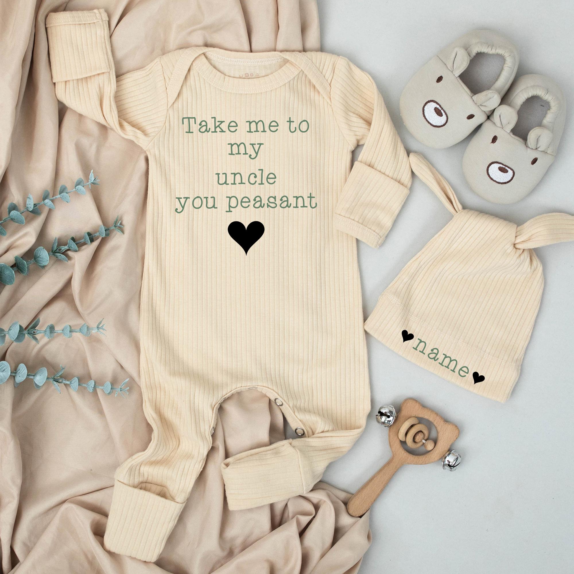 Personalized Take Me to My Uncle You Peasant Baby Romper and Hat Set, Funny Custom Name Outfit for Newborn Coming Home, Sassy Uncle Gift