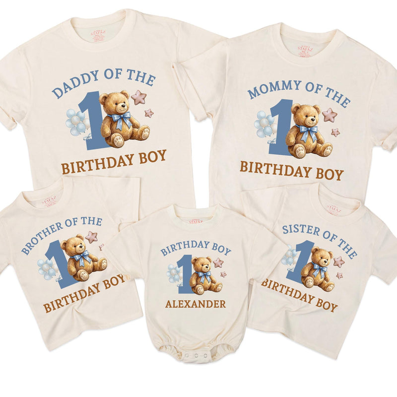 Personalized Teddy Bear 1st Birthday Boy Matching Family Shirts, Custom Name Outfit for Baby, Mommy, Daddy, Brother, Sister, Party Tees