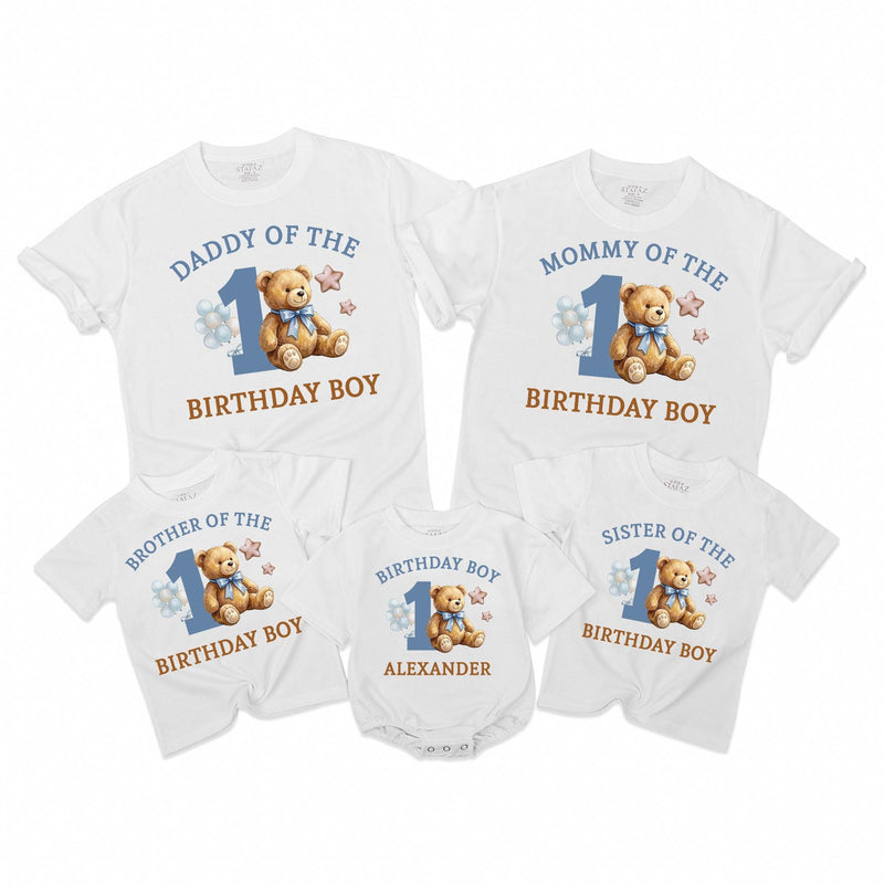 Personalized Teddy Bear 1st Birthday Boy Matching Family Shirts, Custom Name Outfit for Baby, Mommy, Daddy, Brother, Sister, Party Tees