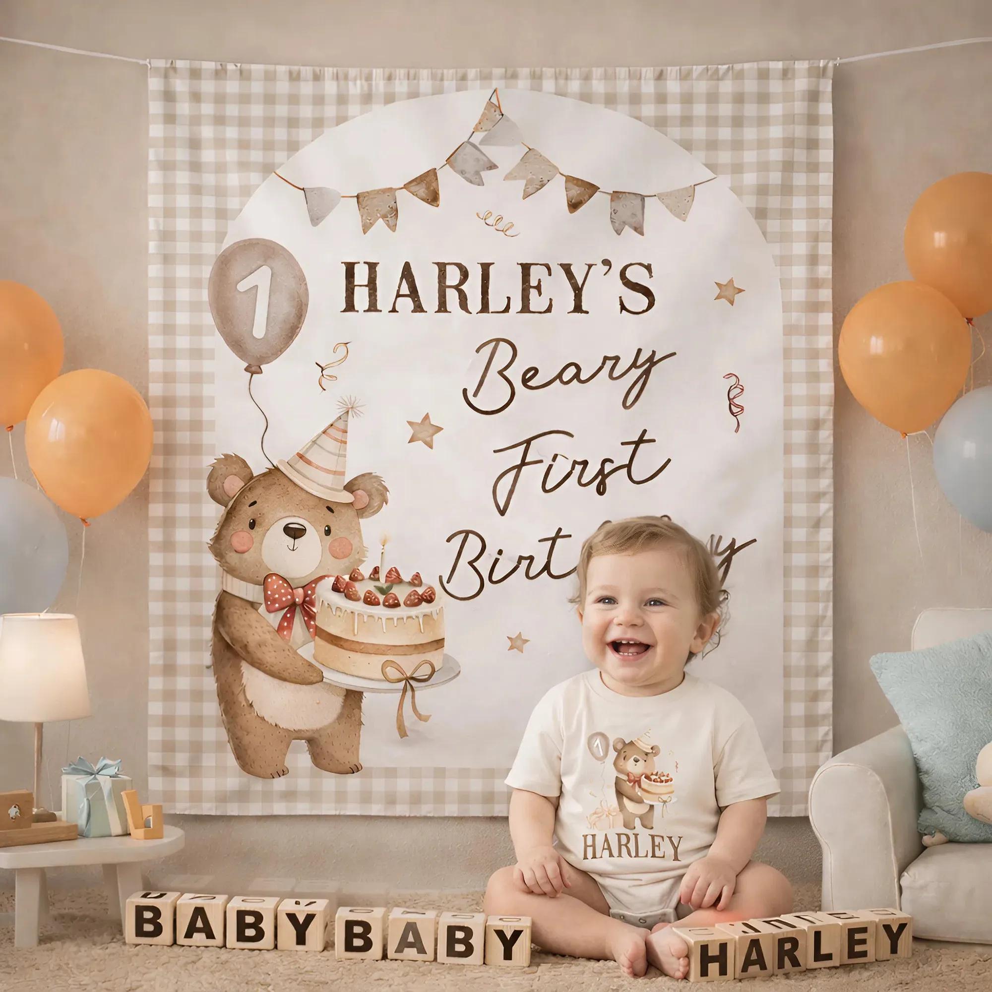 Personalized Teddy Bear 1st Birthday Outfit Romper with Silk Banner, Baby Boy Party Decor, Vintage Watercolor Design, Custom Gift Idea