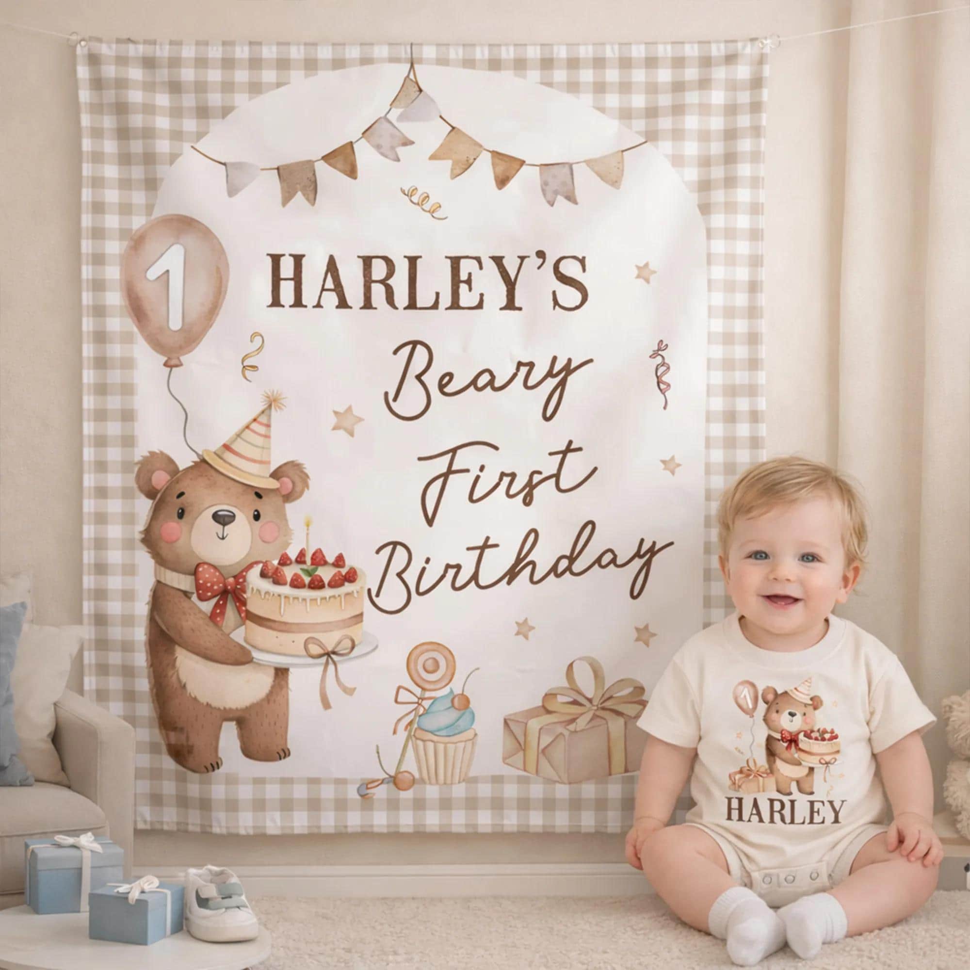 Personalized Teddy Bear 1st Birthday Outfit Romper with Silk Banner, Baby Boy Party Decor, Vintage Watercolor Design, Custom Gift Idea