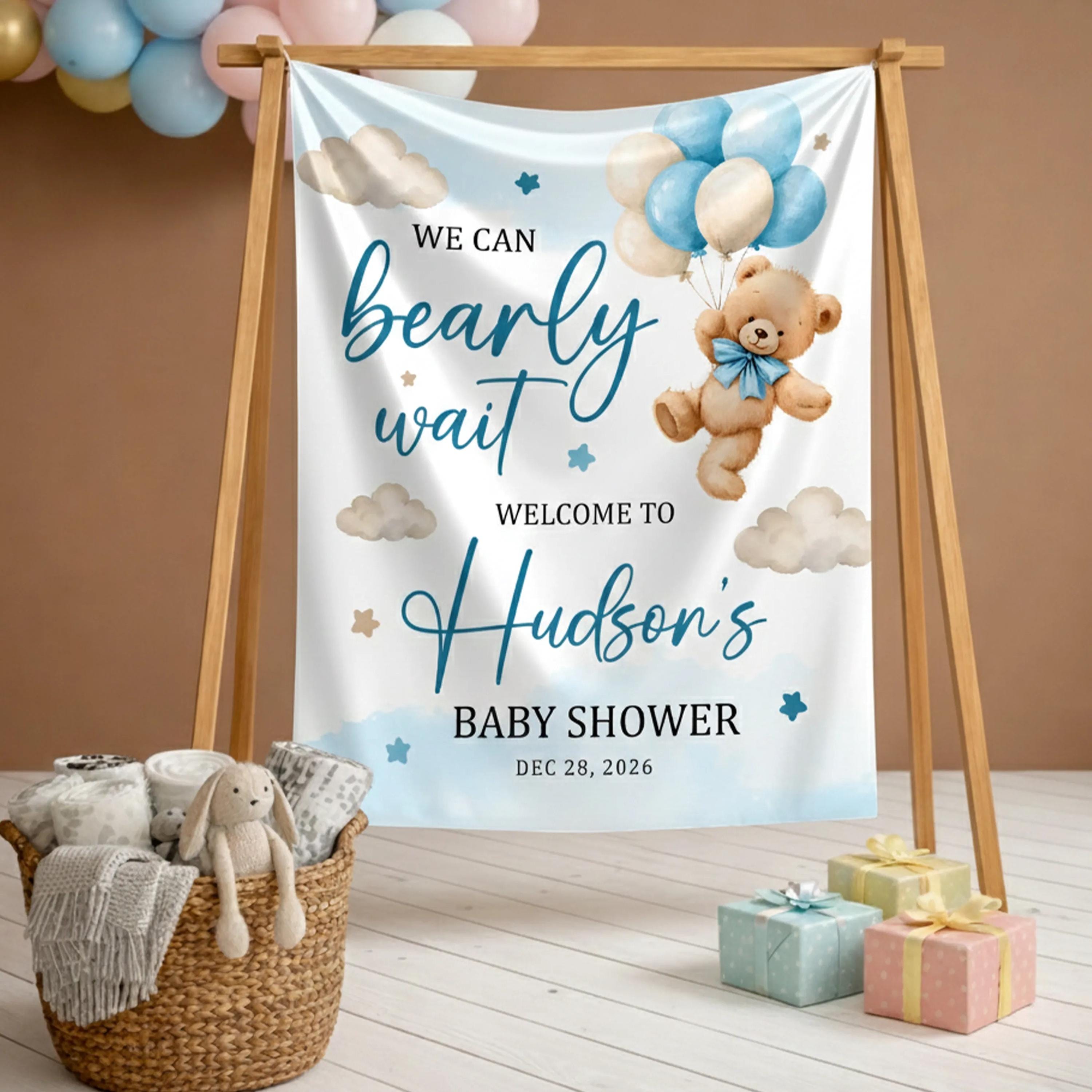 Personalized Teddy Bear Baby Shower Silk Sign with Blue Balloons, Custom Name Party Decor for Boy, Soft Pastel Design, Welcome Celebration