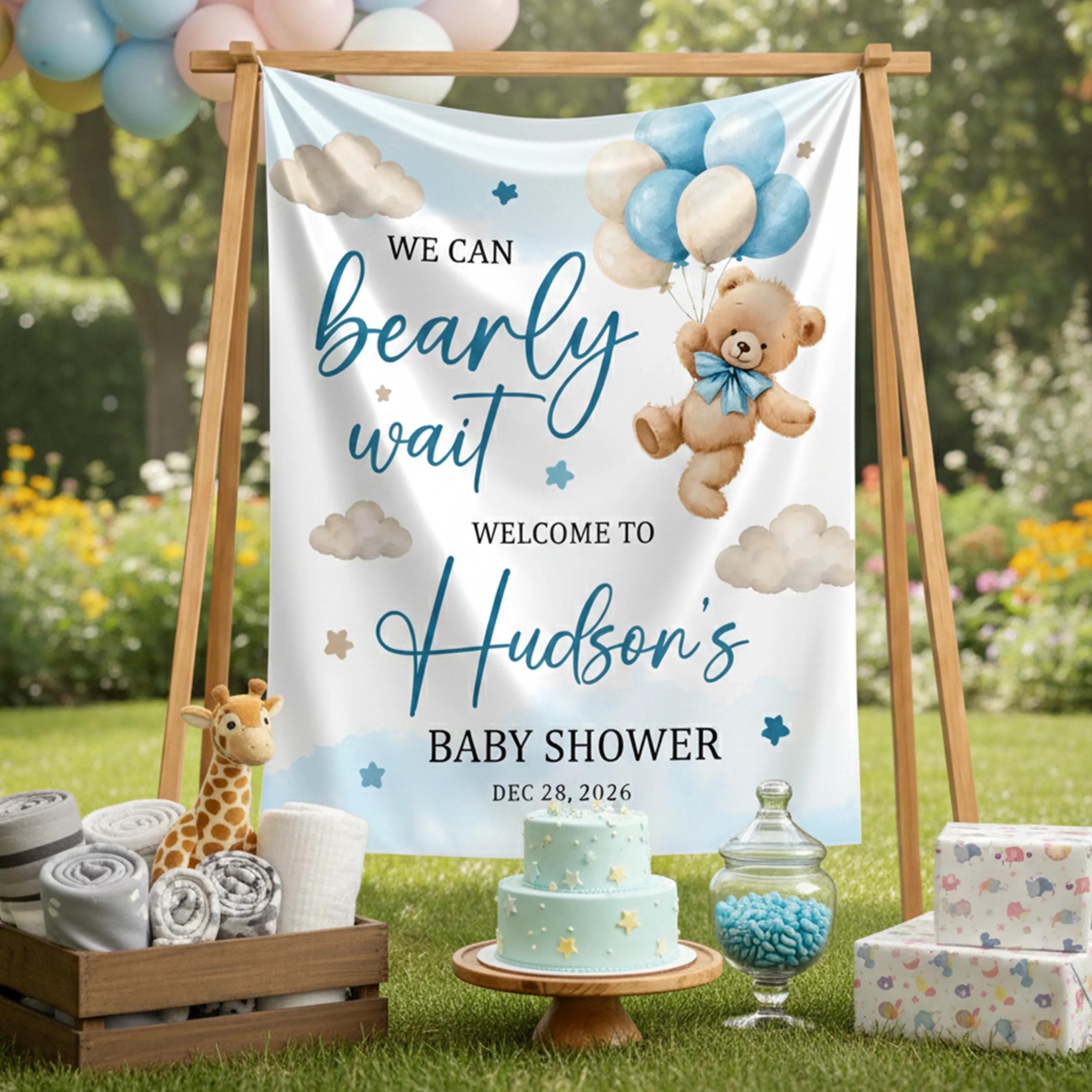 Personalized Teddy Bear Baby Shower Silk Sign with Blue Balloons, Custom Name Party Decor for Boy, Soft Pastel Design, Welcome Celebration