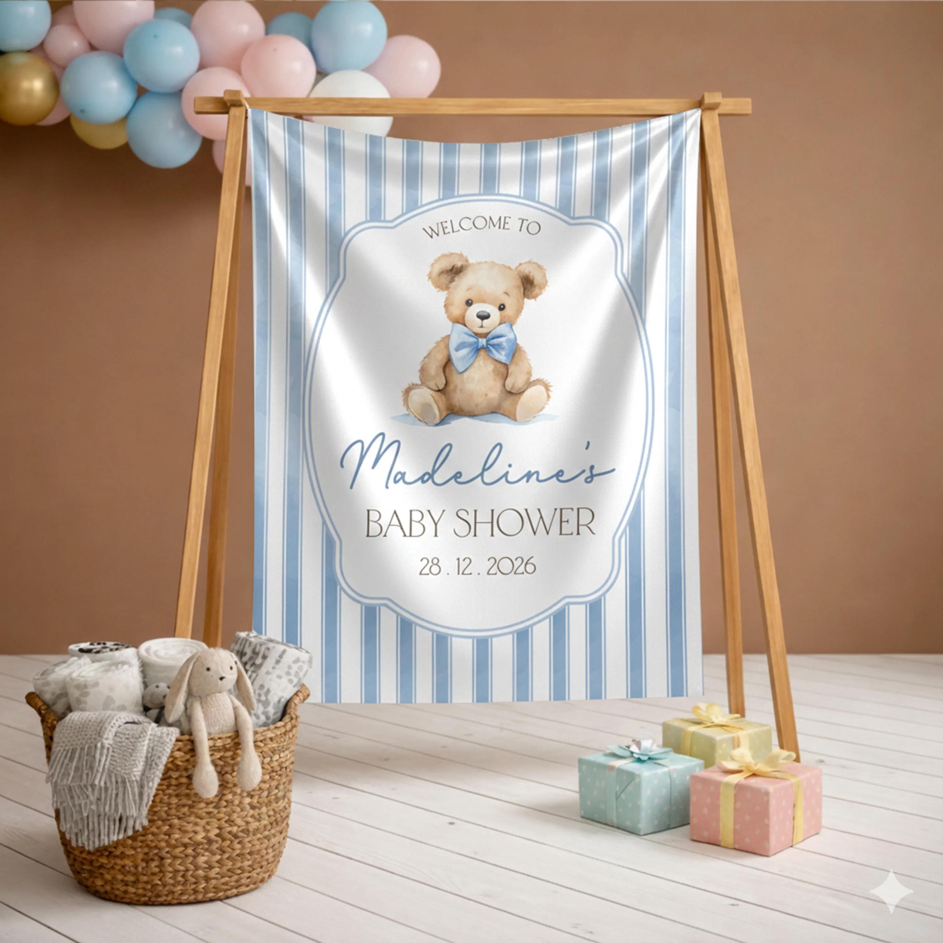 Personalized Teddy Bear Baby Shower Welcome Sign, Blue Striped Silk Banner, Custom Decor for Boy, We Can Bearly Wait Party Decoration