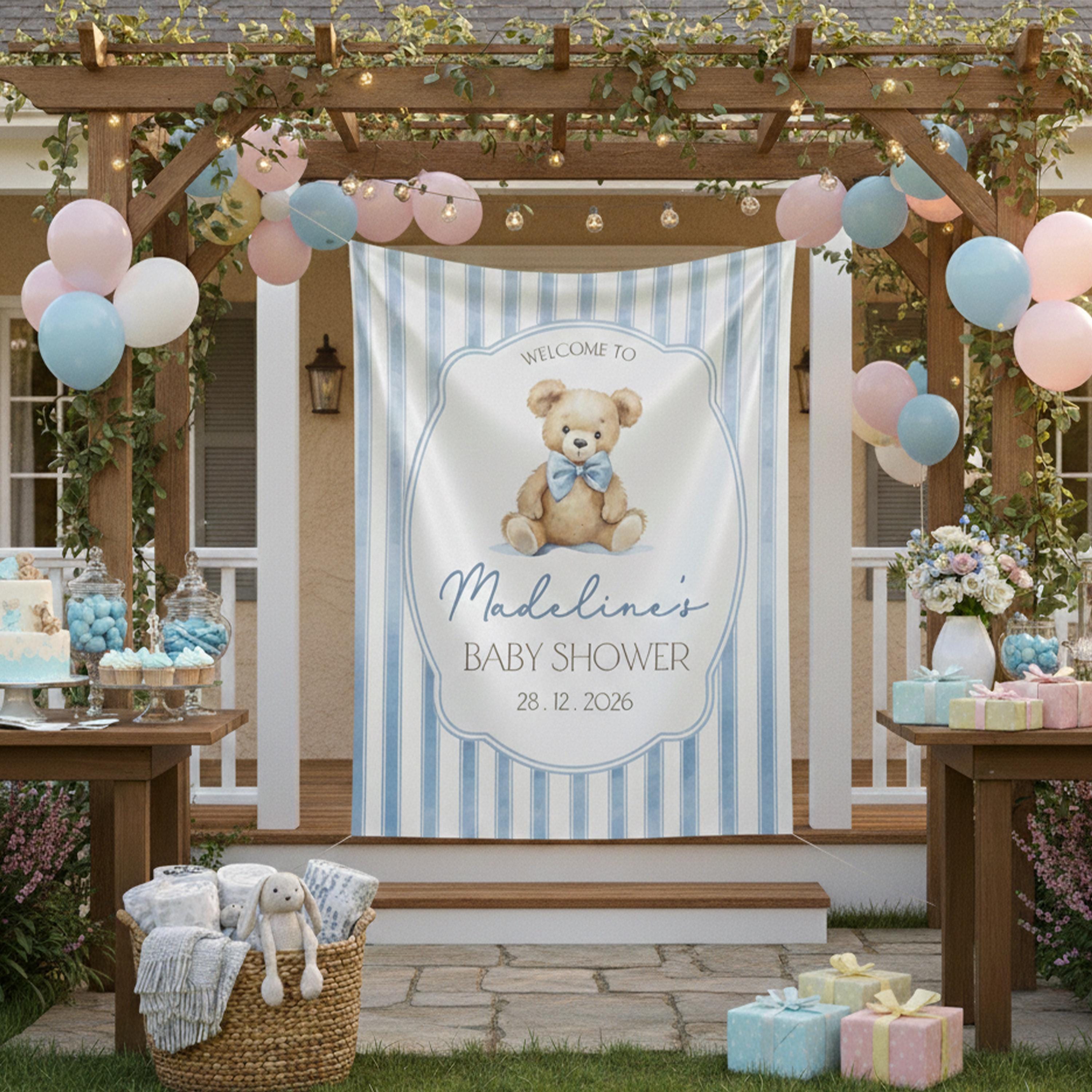 Personalized Teddy Bear Baby Shower Welcome Sign, Blue Striped Silk Banner, Custom Decor for Boy, We Can Bearly Wait Party Decoration