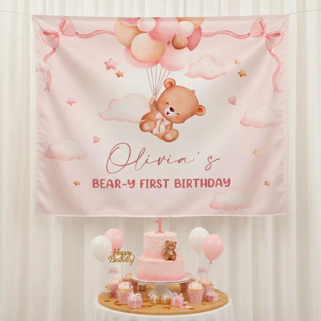 Personalized Teddy Bear First Birthday Banner with Balloons Pink Fabric Backdrop Baby Girl Party Decor Custom Name Keepsake Gift