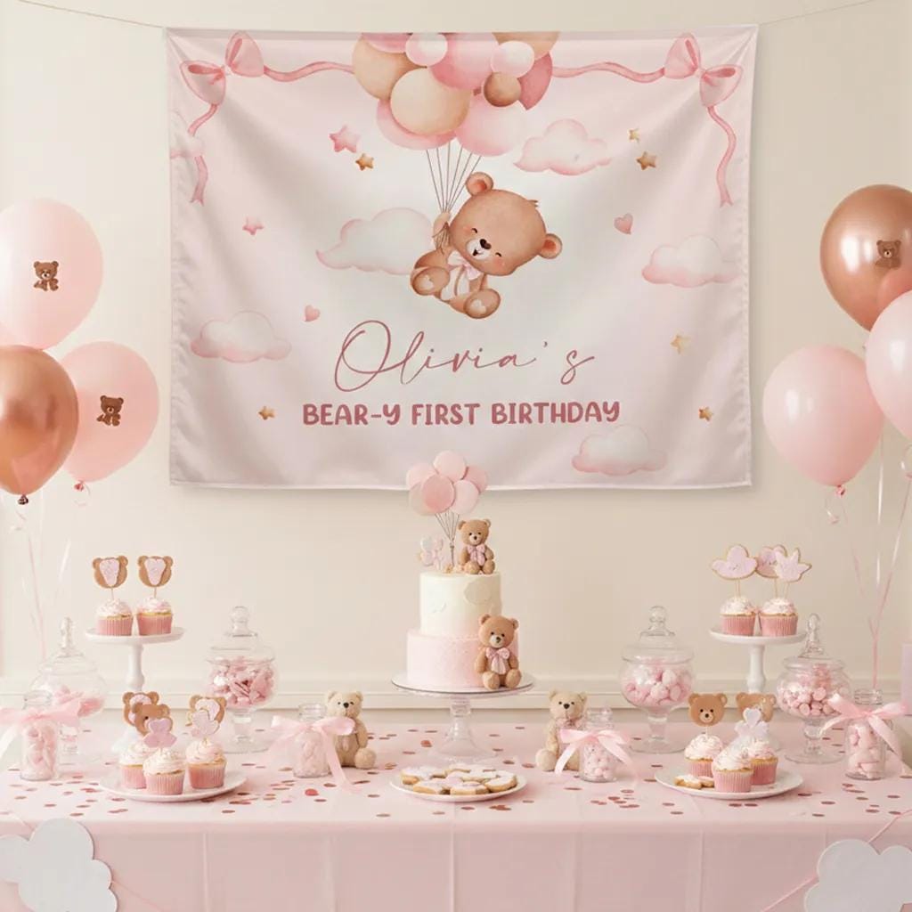 Personalized Teddy Bear First Birthday Banner with Balloons Pink Fabric Backdrop Baby Girl Party Decor Custom Name Keepsake Gift