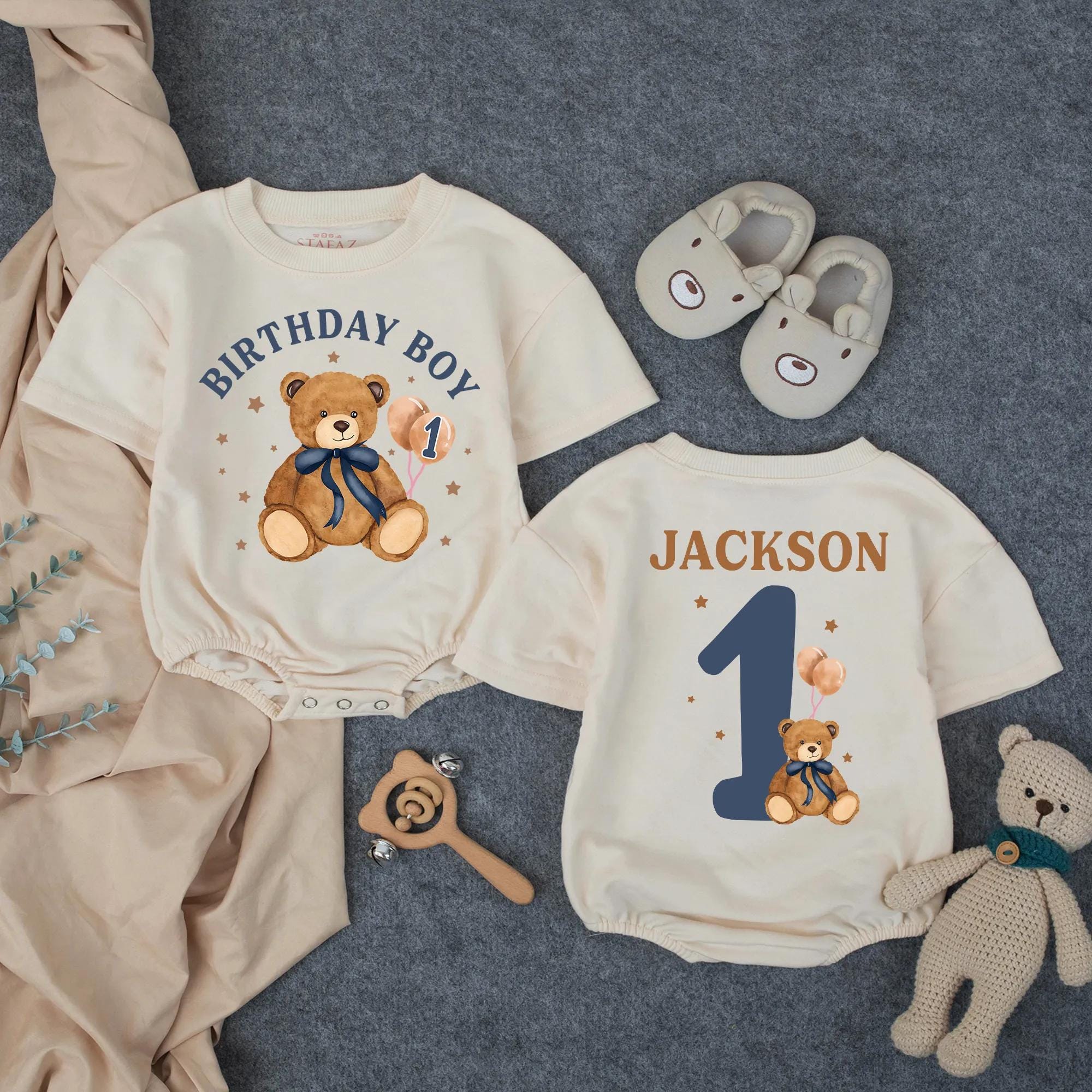 Personalized Teddy Bear First Birthday Outfit for Baby Boy, Custom Bubble Romper Cake Smash Clothes with Name and Age, Navy Blue Design