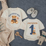 Custom Teddy Bear 1st Birthday Romper for Baby Boy, Soft Cotton Long Sleeve Outfit, Cake Smash Photo Prop, Personalized Name & Age
