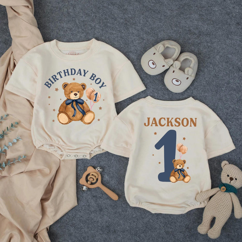 Custom Teddy Bear 1st Birthday Romper for Baby Boy, Soft Cotton Long Sleeve Outfit, Cake Smash Photo Prop, Personalized Name & Age
