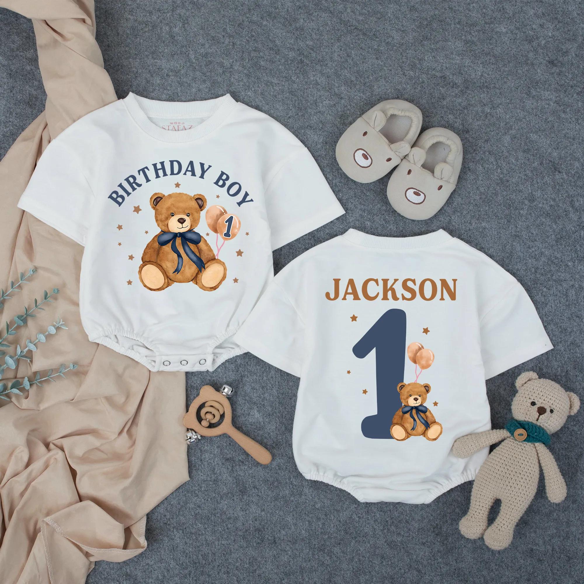 Personalized Teddy Bear First Birthday Outfit for Baby Boy, Custom Bubble Romper Cake Smash Clothes with Name and Age, Navy Blue Design