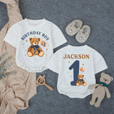 Custom Teddy Bear 1st Birthday Romper for Baby Boy, Soft Cotton Long Sleeve Outfit, Cake Smash Photo Prop, Personalized Name & Age