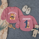 Custom Teddy Bear 1st Birthday Romper for Baby Boy, Soft Cotton Long Sleeve Outfit, Cake Smash Photo Prop, Personalized Name & Age