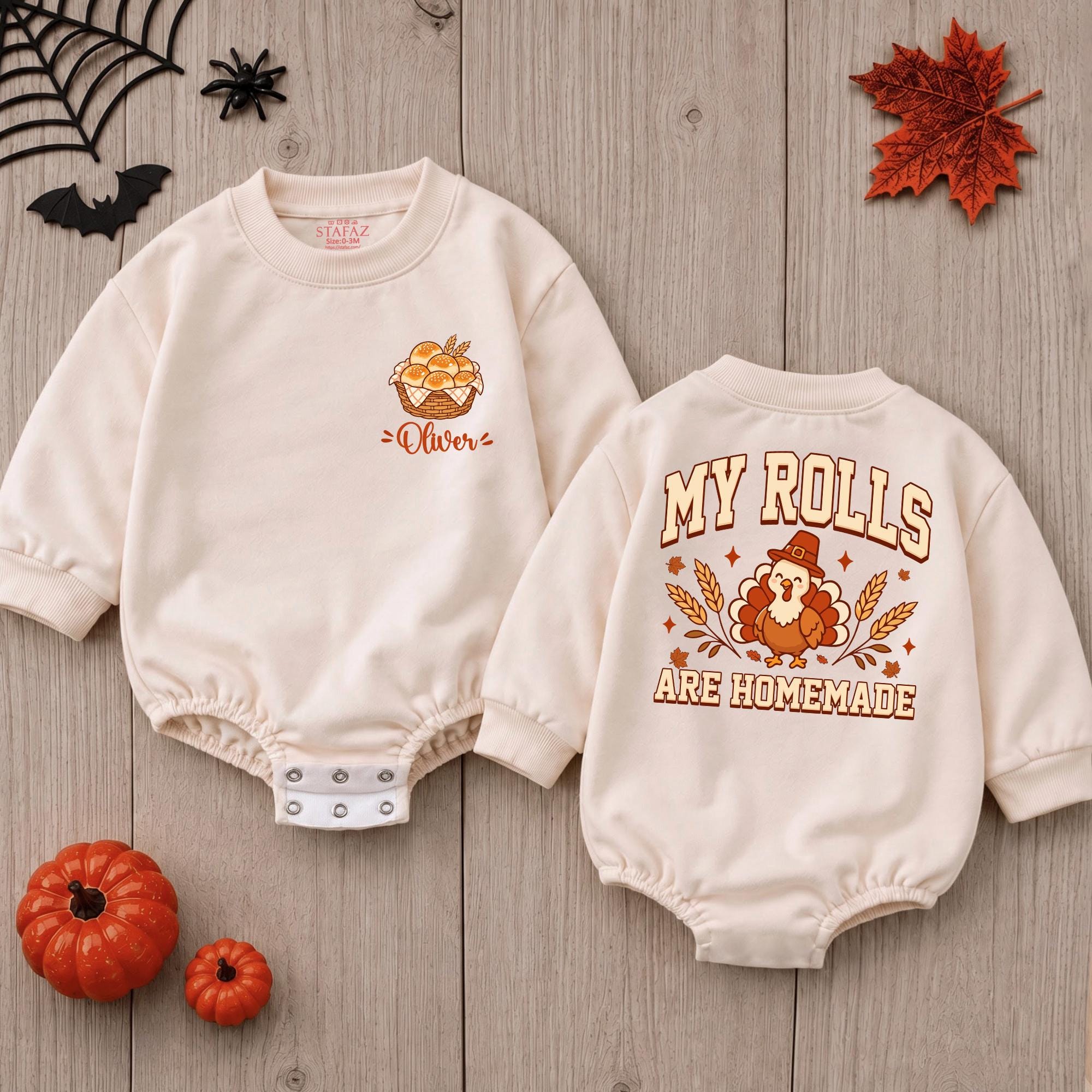 Personalized Thanksgiving Baby Romper with 'My Rolls Are Homemade' Turkey Print, Soft Cotton Outfit for Baby's First Holiday or Gift