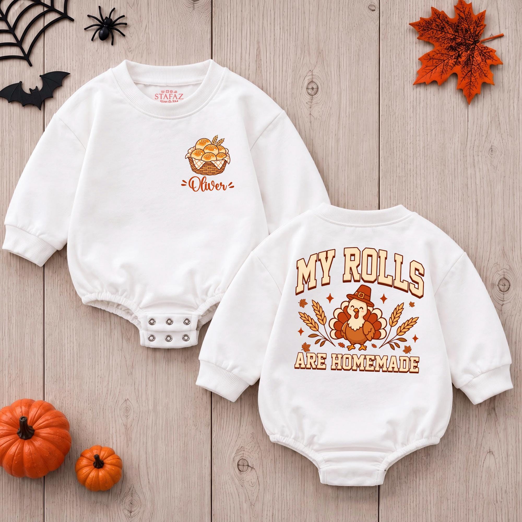 Personalized Thanksgiving Baby Romper with 'My Rolls Are Homemade' Turkey Print, Soft Cotton Outfit for Baby's First Holiday or Gift