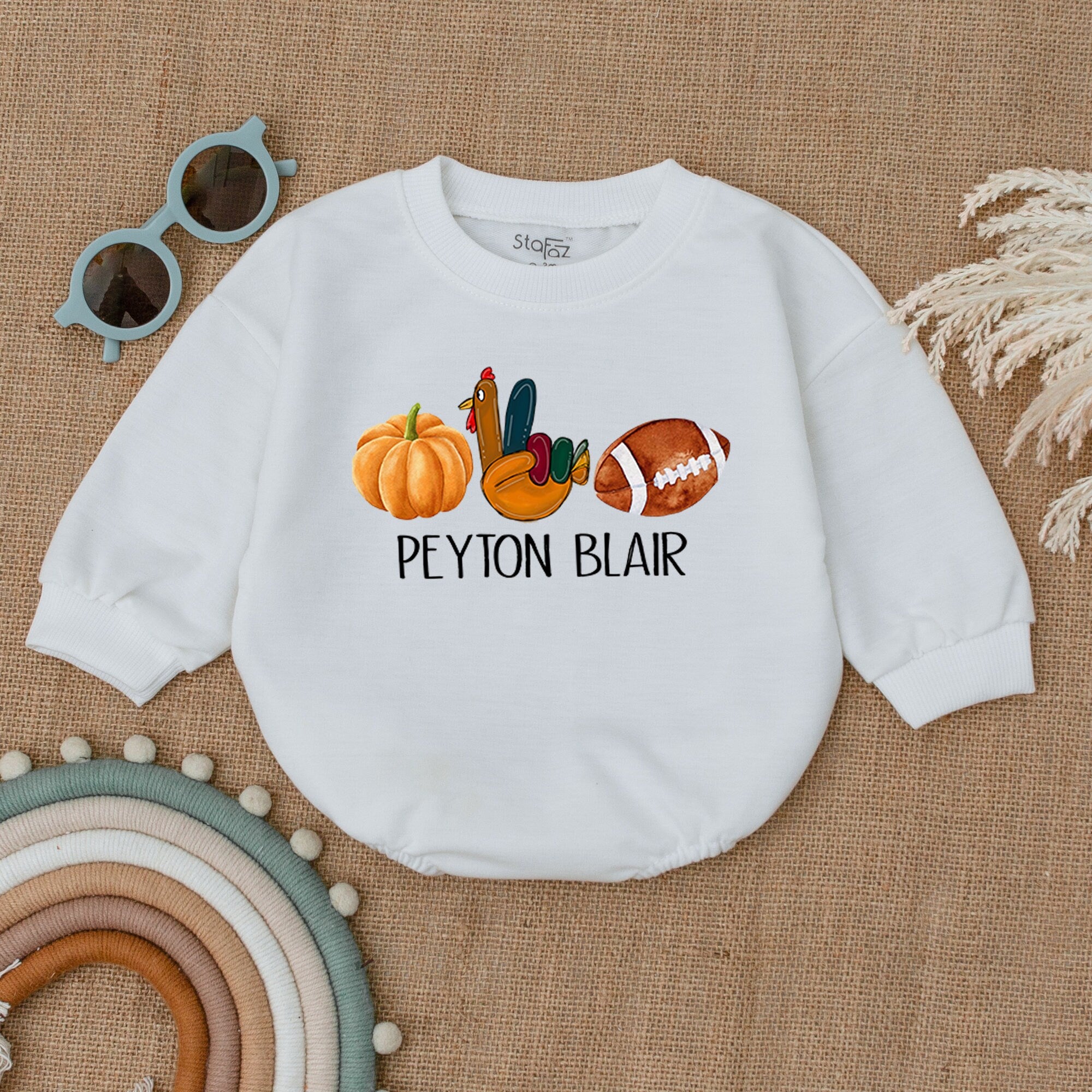 Personalized Thanksgiving Baby Romper with Pumpkins and Footballs Custom Names Autumn Infant Outfit Soft Cotton Seasonal Gift