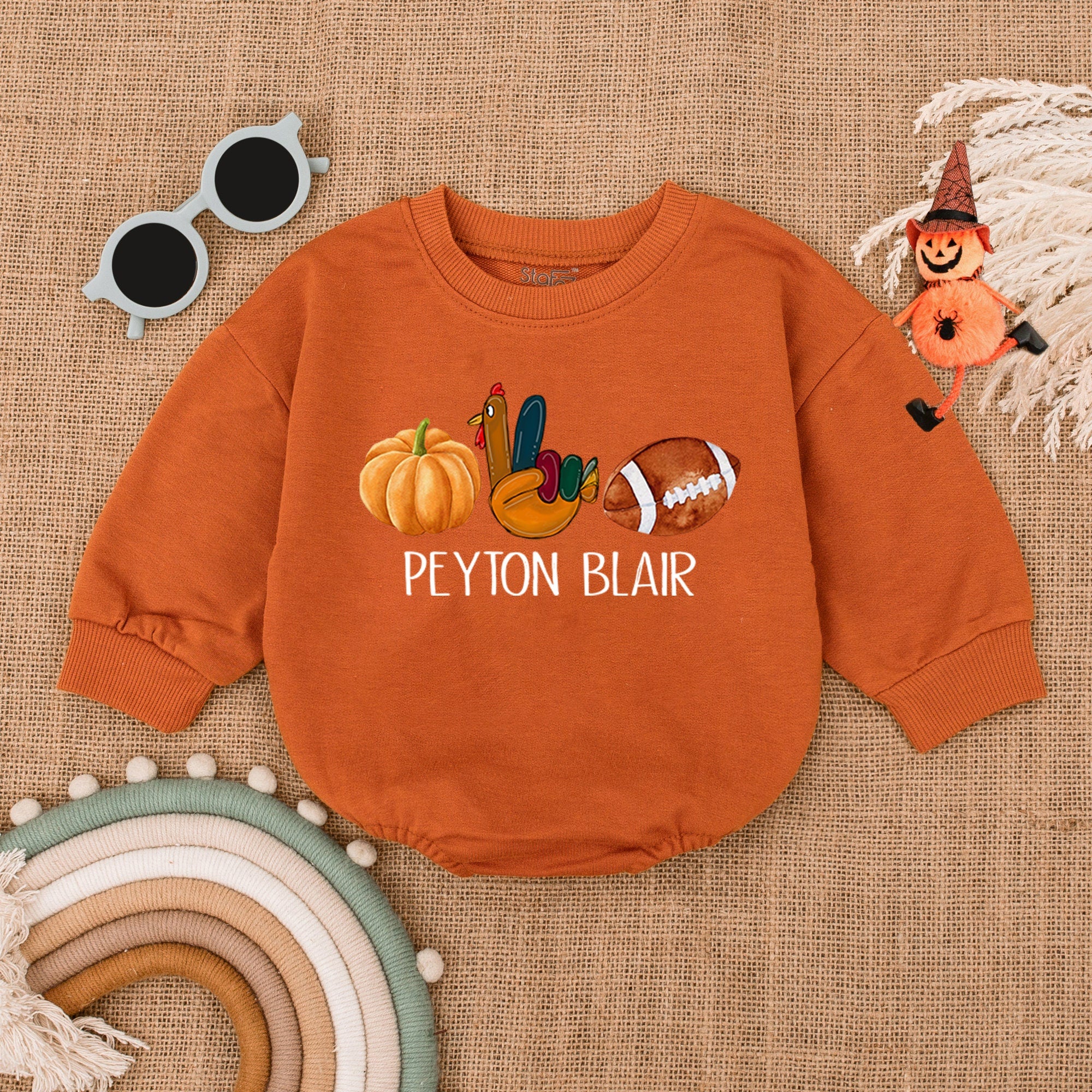 Personalized Thanksgiving Baby Romper with Pumpkins and Footballs Custom Names Autumn Infant Outfit Soft Cotton Seasonal Gift