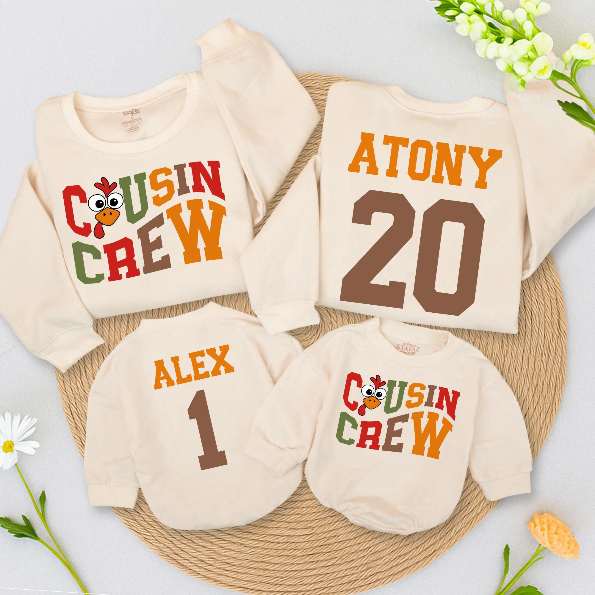 Personalized Thanksgiving Cousin Crew Sweater with Turkey Design Family Matching Outfit Custom Names Fall Colors Baby Toddler Gift