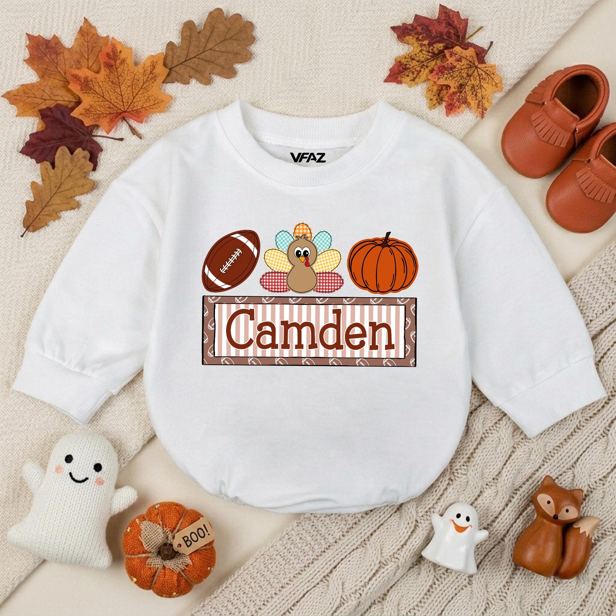 Personalized Thanksgiving Football Turkey Romper, Baby Boy Fall Bodysuit, Matching Family Soft Cotton Outfit for My First Pumpkin Patch