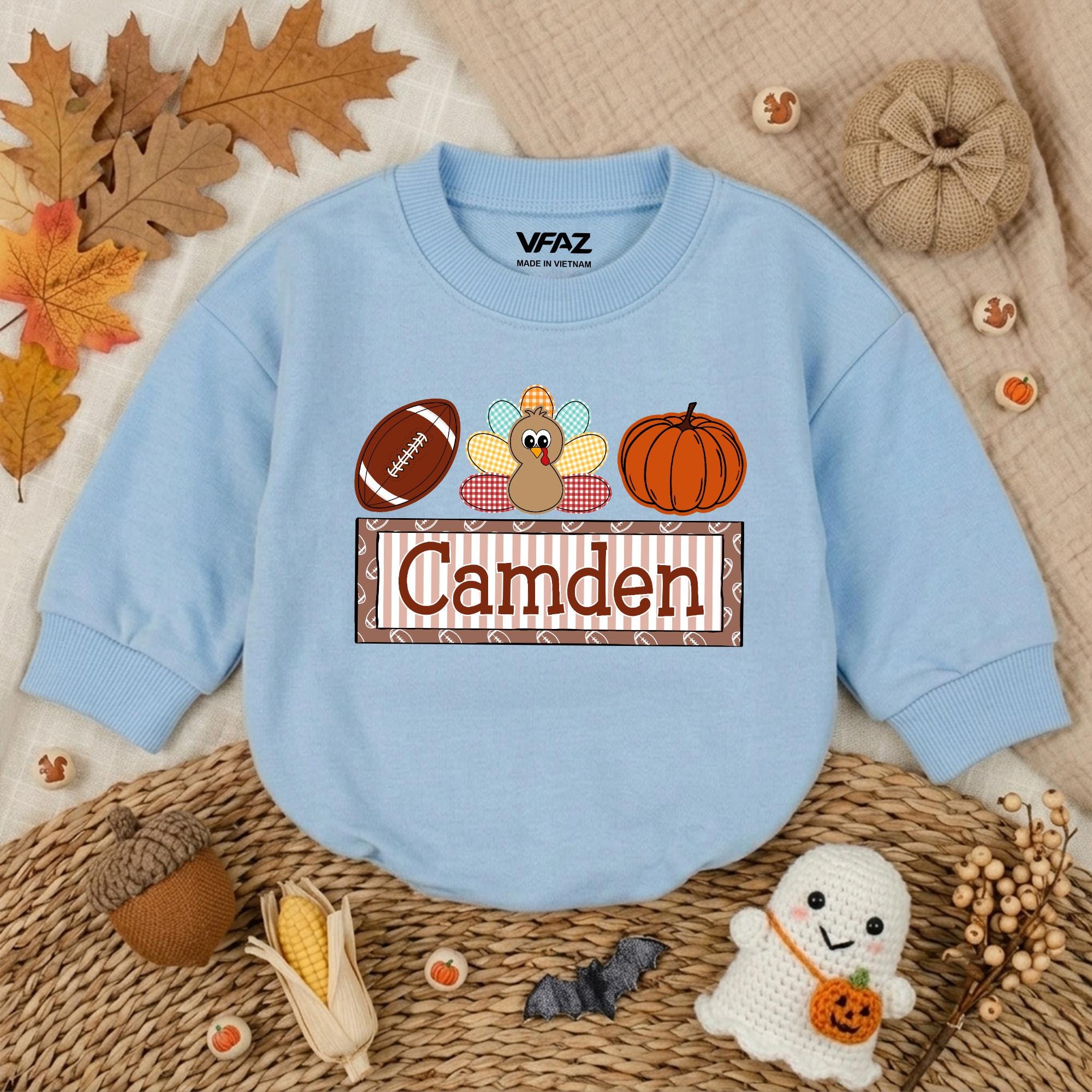 Personalized Thanksgiving Football Turkey Romper, Baby Boy Fall Bodysuit, Matching Family Soft Cotton Outfit for My First Pumpkin Patch