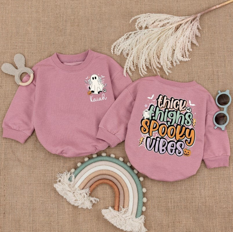 Personalized Thick Thighs Spooky Vibes Romper with Cute Ghost Baby's First Halloween Outfit Soft Cotton Pumpkin Bodysuit Baby Shower Gift