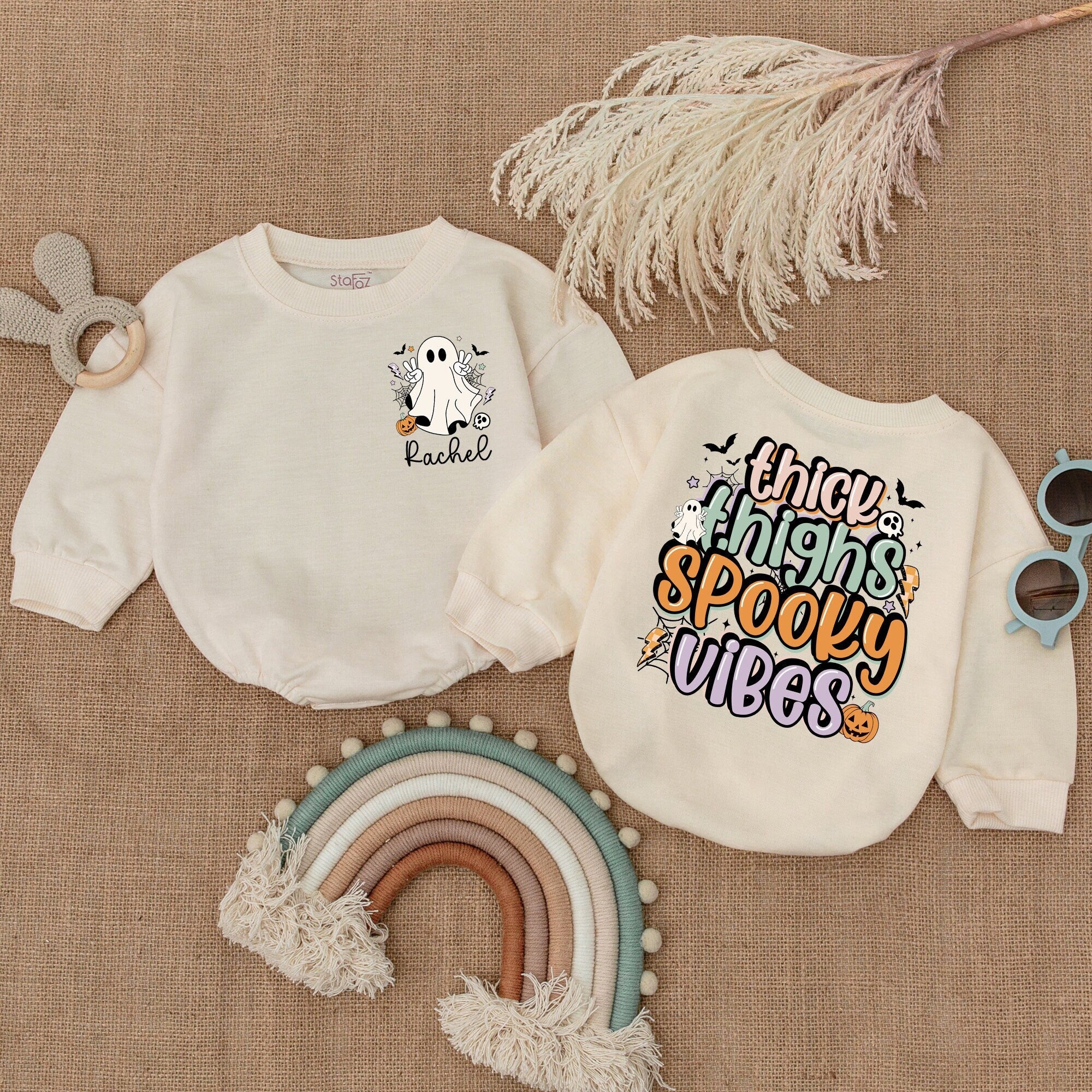 Personalized Thick Thighs Spooky Vibes Romper with Cute Ghost Baby's First Halloween Outfit Soft Cotton Pumpkin Bodysuit Baby Shower Gift