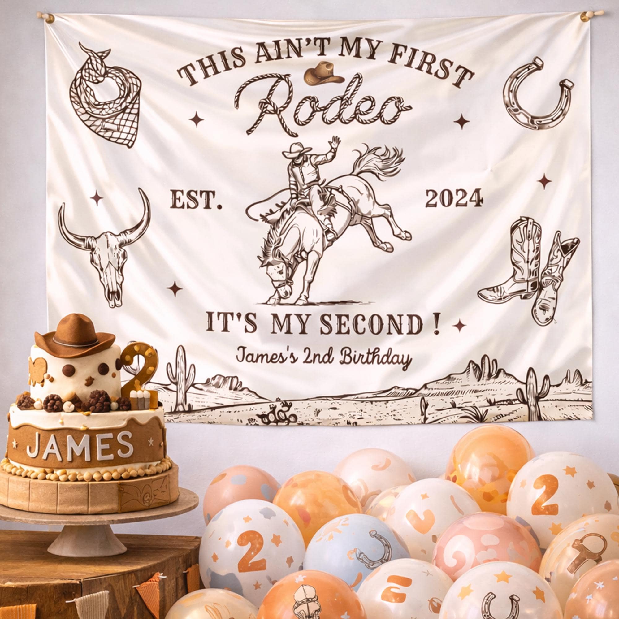 Personalized This Ain’t My First Rodeo Birthday Banner Custom Western Party Decor with Cowboy Theme for James’s 2nd Birthday Celebration