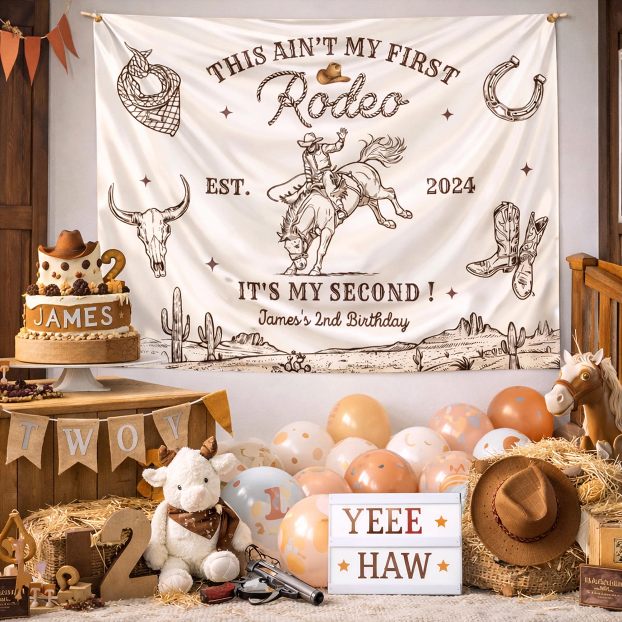 Personalized This Ain’t My First Rodeo Birthday Banner Custom Western Party Decor with Cowboy Theme for James’s 2nd Birthday Celebration